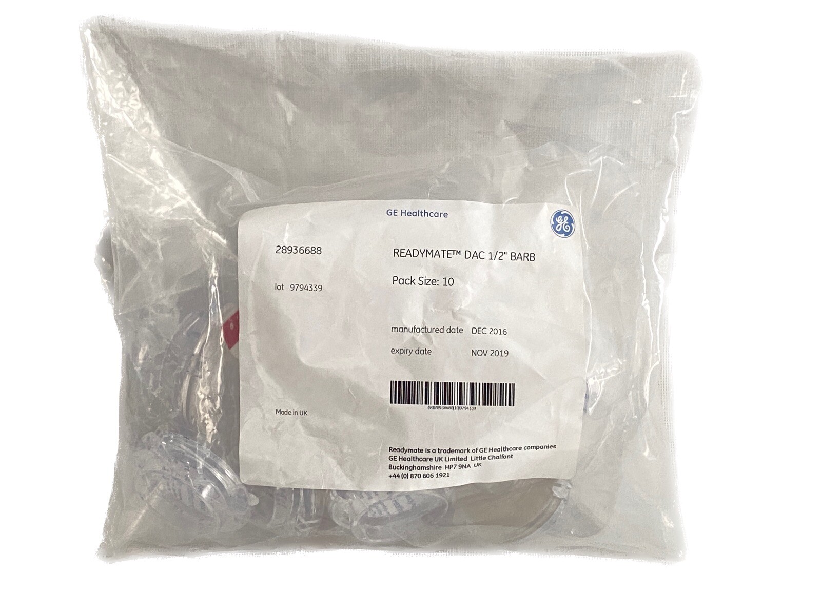 (10) GE HEALTHCARE ReadyMate DAC Disposable Aseptic Connector 1/2” Barb 28936688