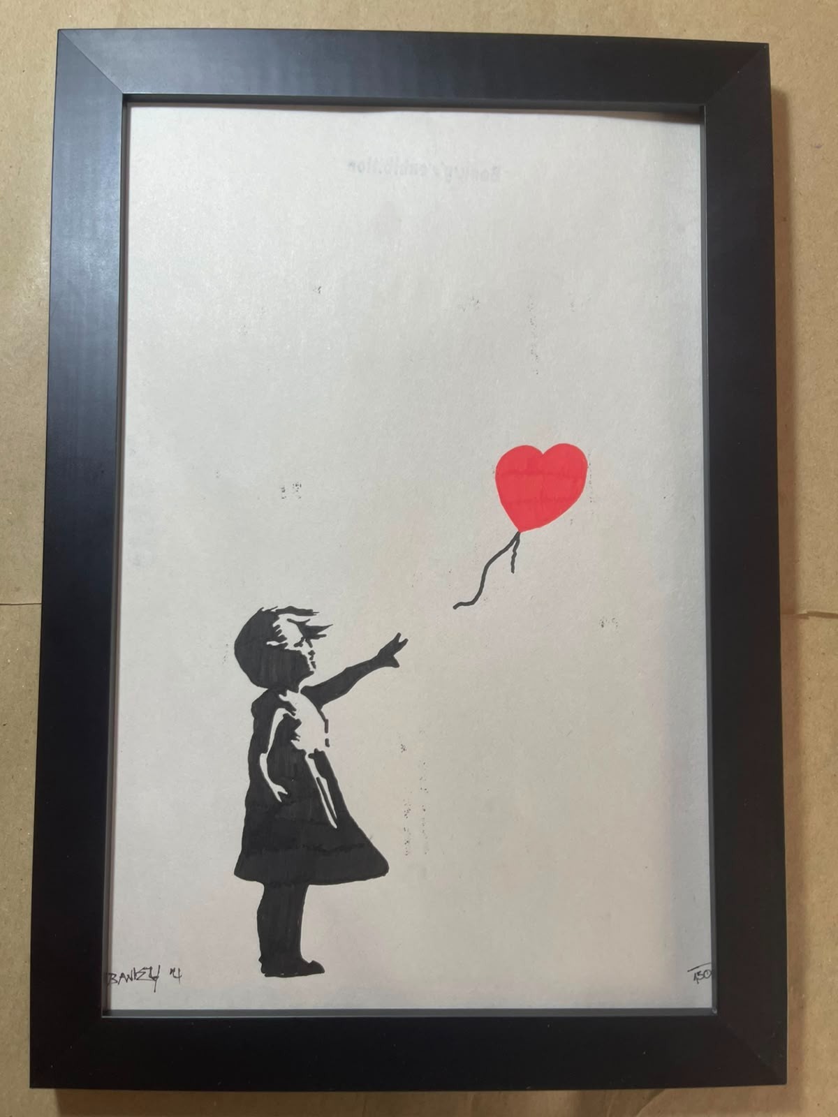 BANKSY drawing framed on sealed and signed wood