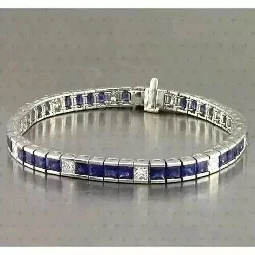 10Ct Princess Cut Blue Lab Created Men's Tennis Bracelet 14K White Gold Plated