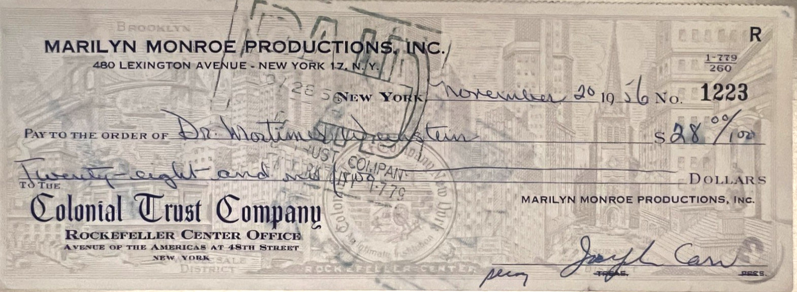 MARILYN MONROE PROD. RARE ORIGINAL 1956 CHECK PAYS BILL FROM MARILYN'S DOCTOR