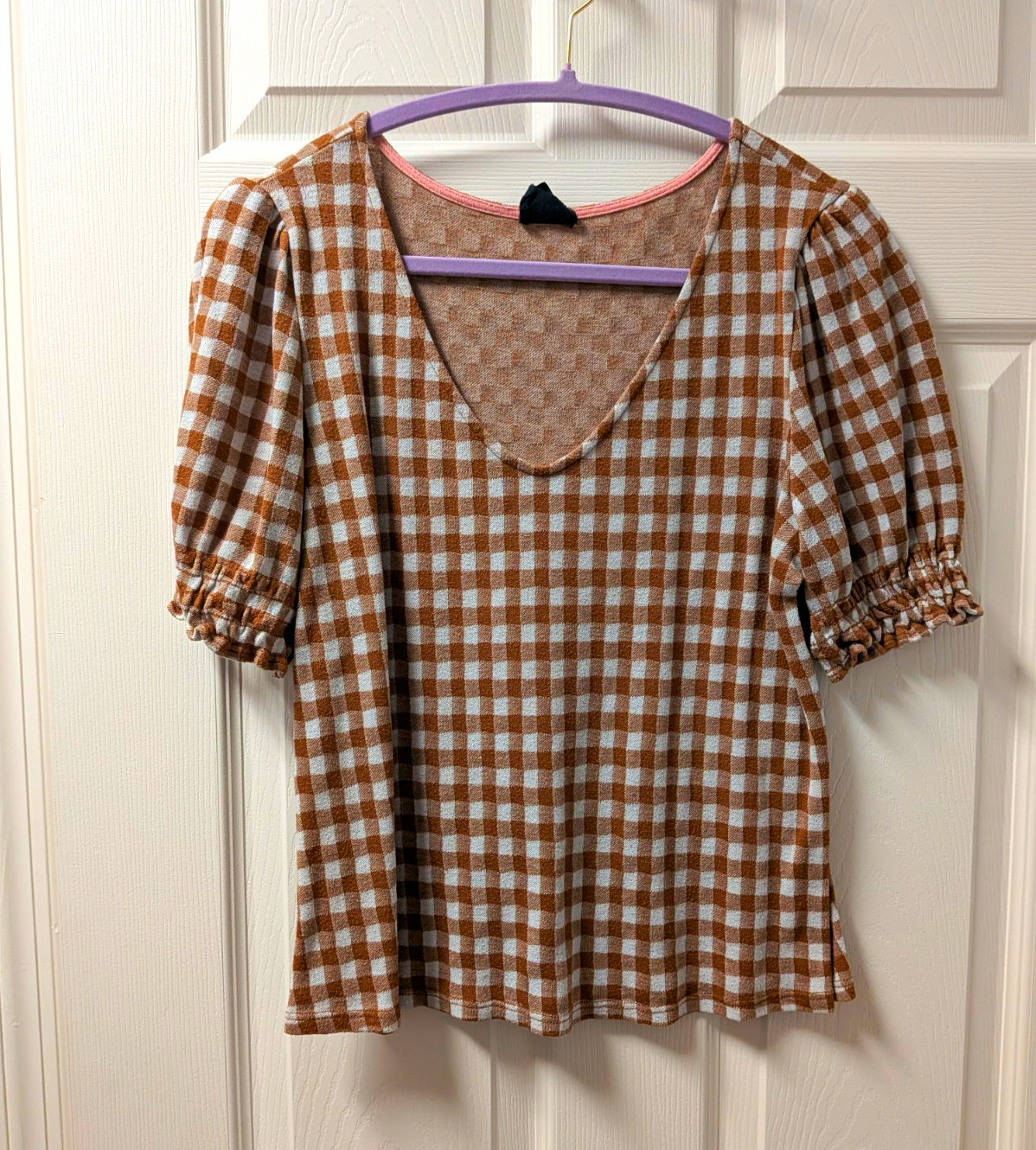 W5 Women\'s Blouse L Regular Brown White Gingham V-Neck Puff Short Sleeve W5 Women\'s Blouse L Regular Brown White Gingham V-Neck Puff Short Sleeve