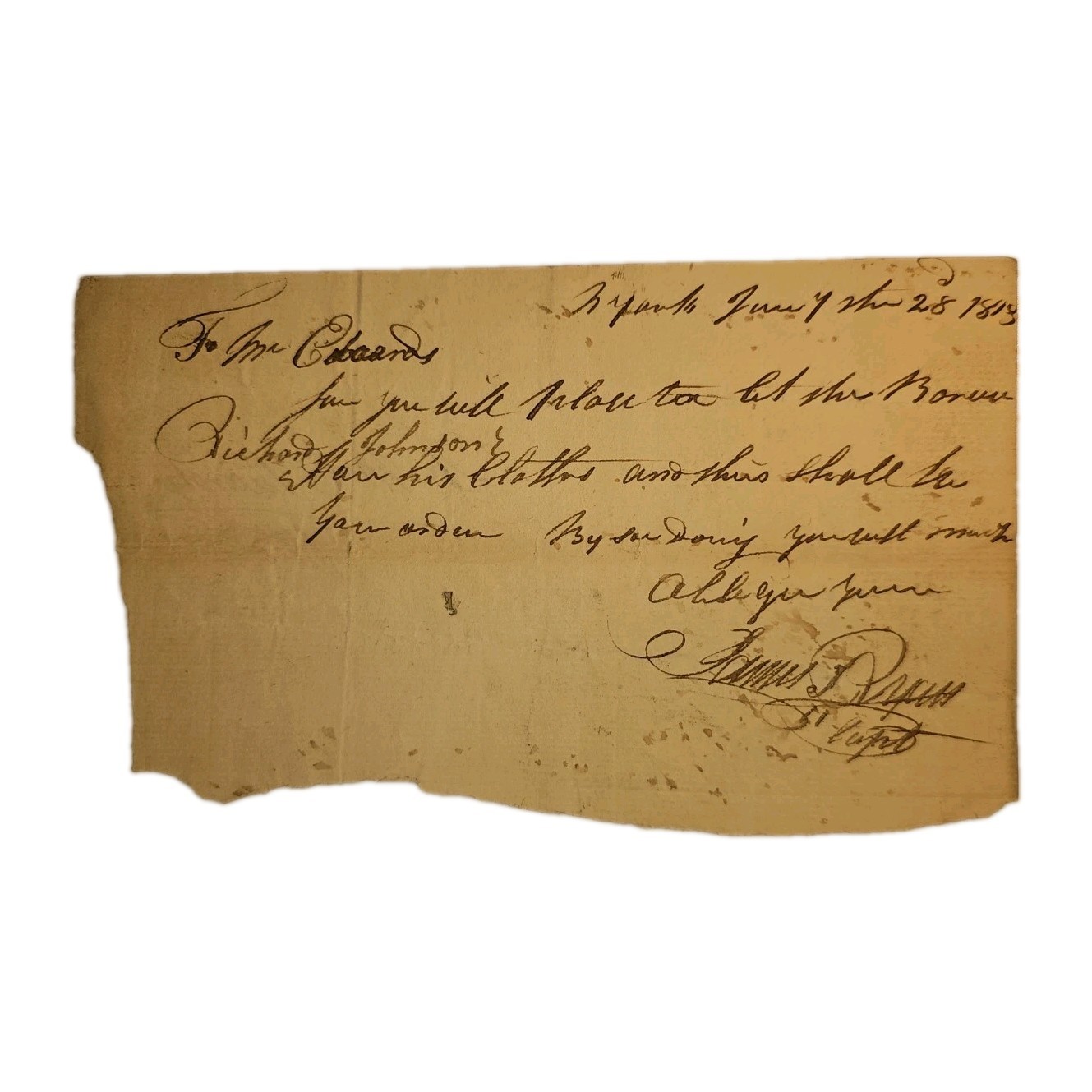 1813 War of 1812 US Rifle Regiment Lt James Ryan Signed Clothing Order