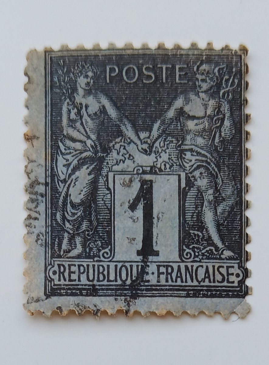 France 1877- 1c black stamp Peace and Commerce Scott 87 perf. touching design France 1877- 1c black stamp Peace and Commerce Scott 87 perf. touching design