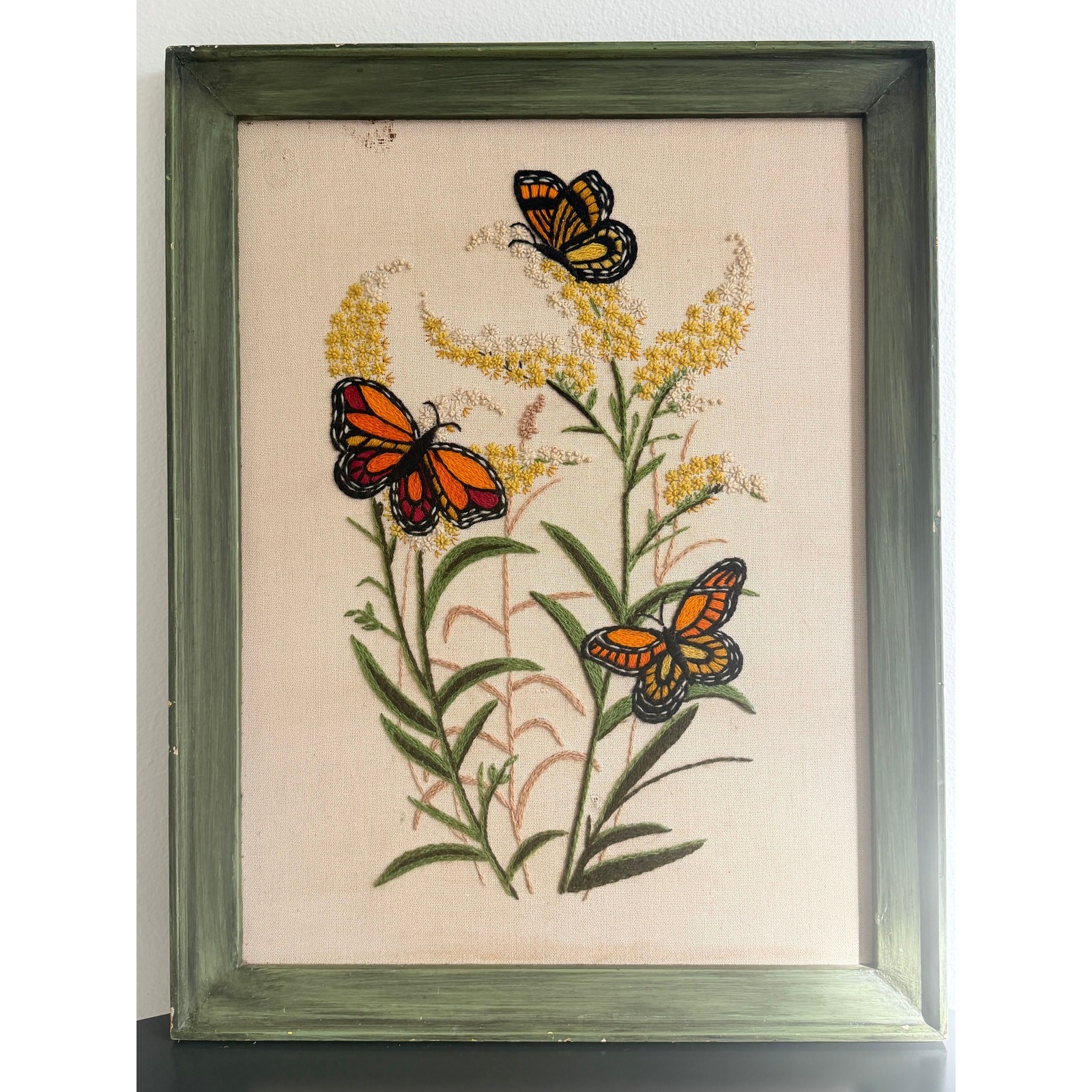 Vintage 1970s Crewel Embroidery Monarch Butterfly Framed Floral Boho Art