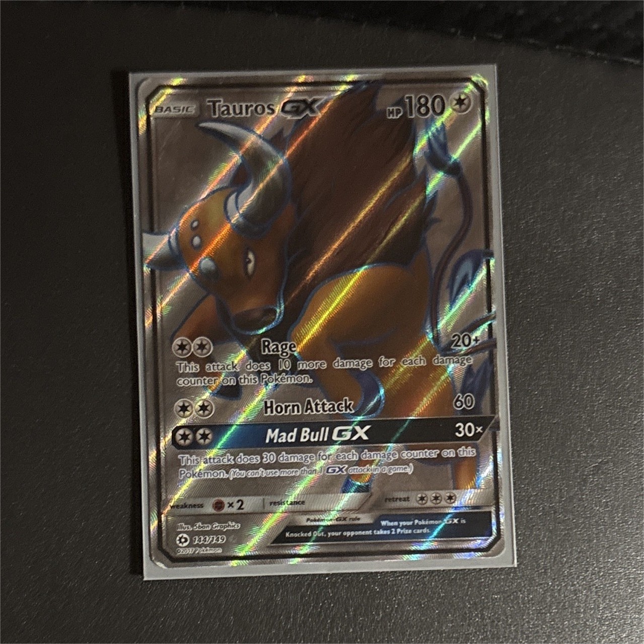 Tauros GX Full Art 144/149 SM Base Set Ultra Rare Holo English 180 HP Tauros GX Full Art 144/149 SM Base Set Ultra Rare Holo English 180 HP