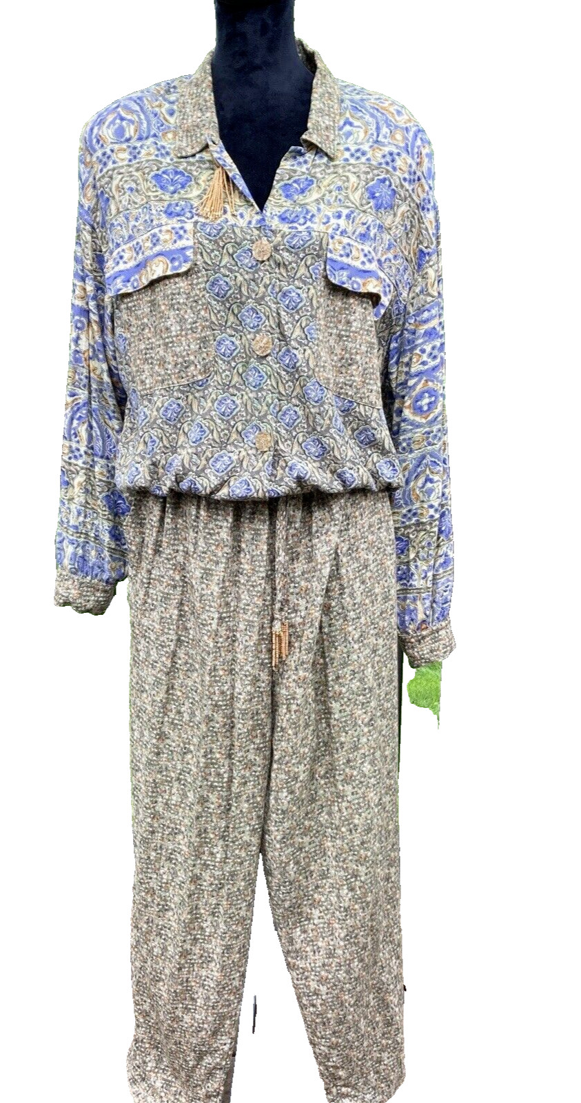Vintage Carole Little Pant Set Women Size 10 Top Size 8 Bottoms Brown Blue Bead