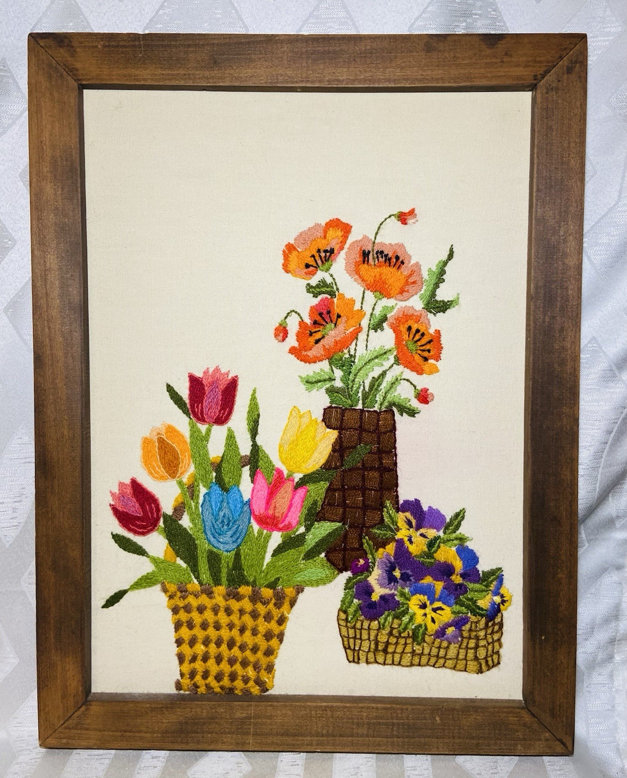 Vintage Floral Crewel Embroidery Wall Art Framed Cottagecore 21x16”