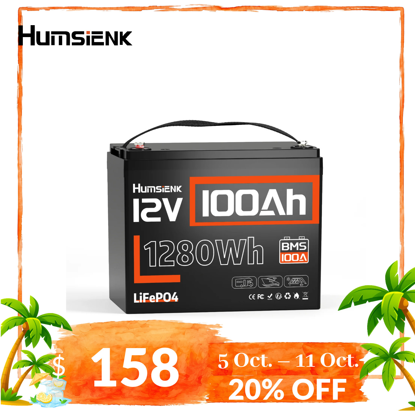Humsienk 12V 100Ah LiFePO4 Lithium Battery 1280Wh BMS for Solar Storage RV Boat