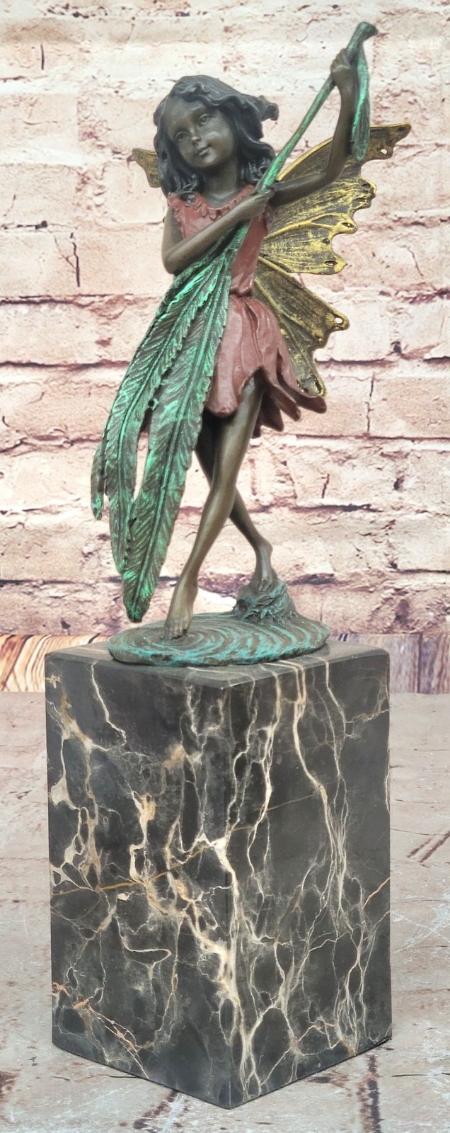 Bronze Fairy Holding Leaf Marble Base signed by Artist Milo Mythical Figurine