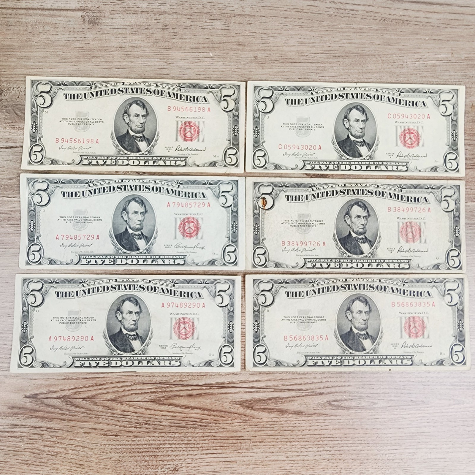 6- 1953 A $5 BILL RED SEAL NOTE SILVER CERTIFICATE CURRENCY USA PAPER MONEY
