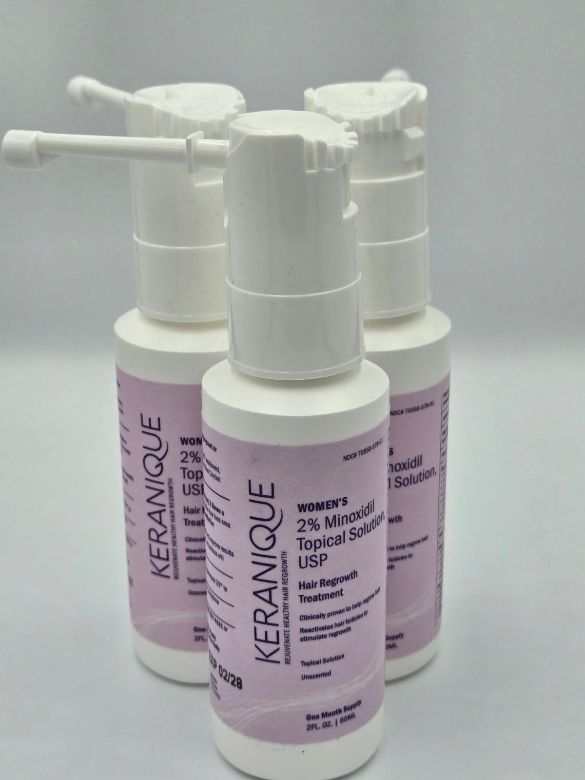 Lot of 3 Keranique 2% Minoxidil Hair Regrowth Topical Solution Out of Box New