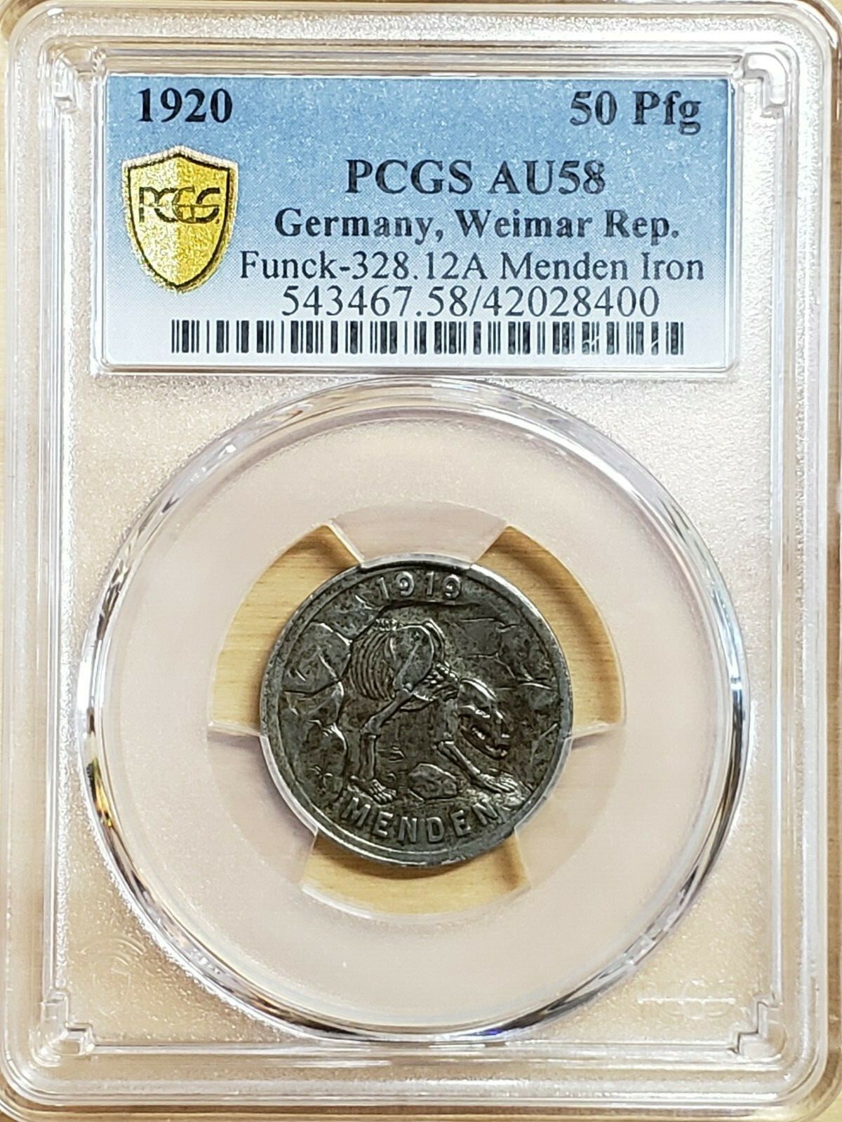 1920 Germany 50 Pfg Cave Bear Skeleton PCGS AU58 Funck-328.12A Menden Iron 8400