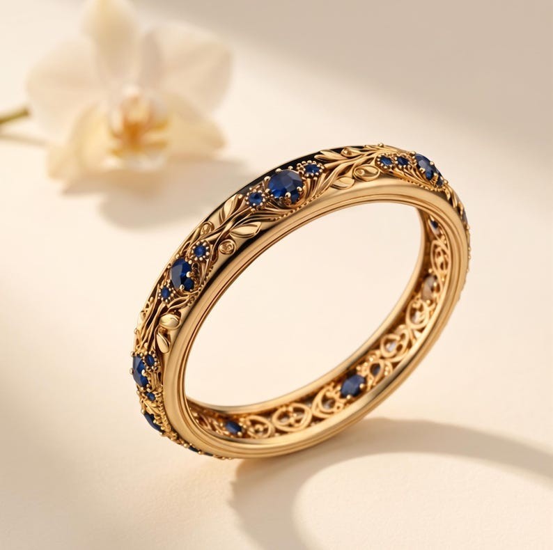 Vintage Blue Sapphire Wedding Band Floral Engraved 14K Gold Eternity Ring Women
