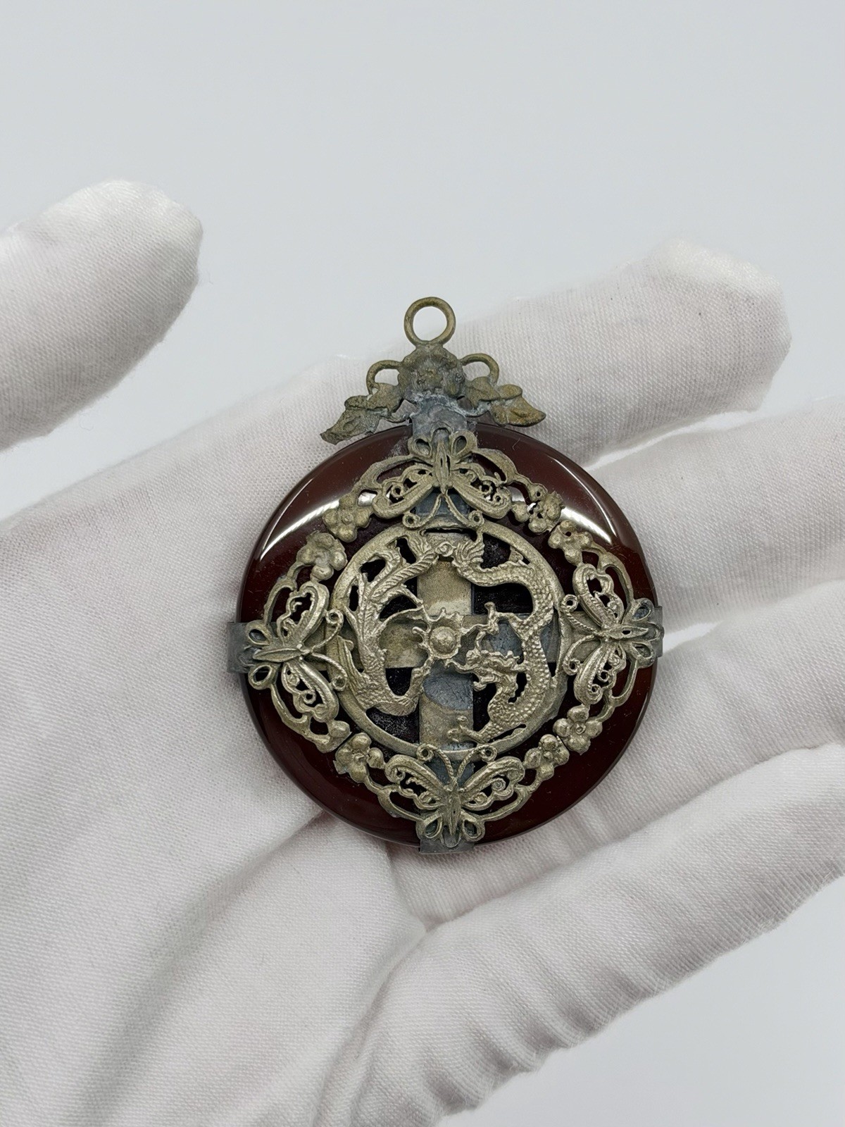 Vintage Chinese Red Jade Dragon Phoenix Pendant Miao Style Metalwork Vintage Chinese Red Jade Dragon Phoenix Pendant Miao Style Metalwork