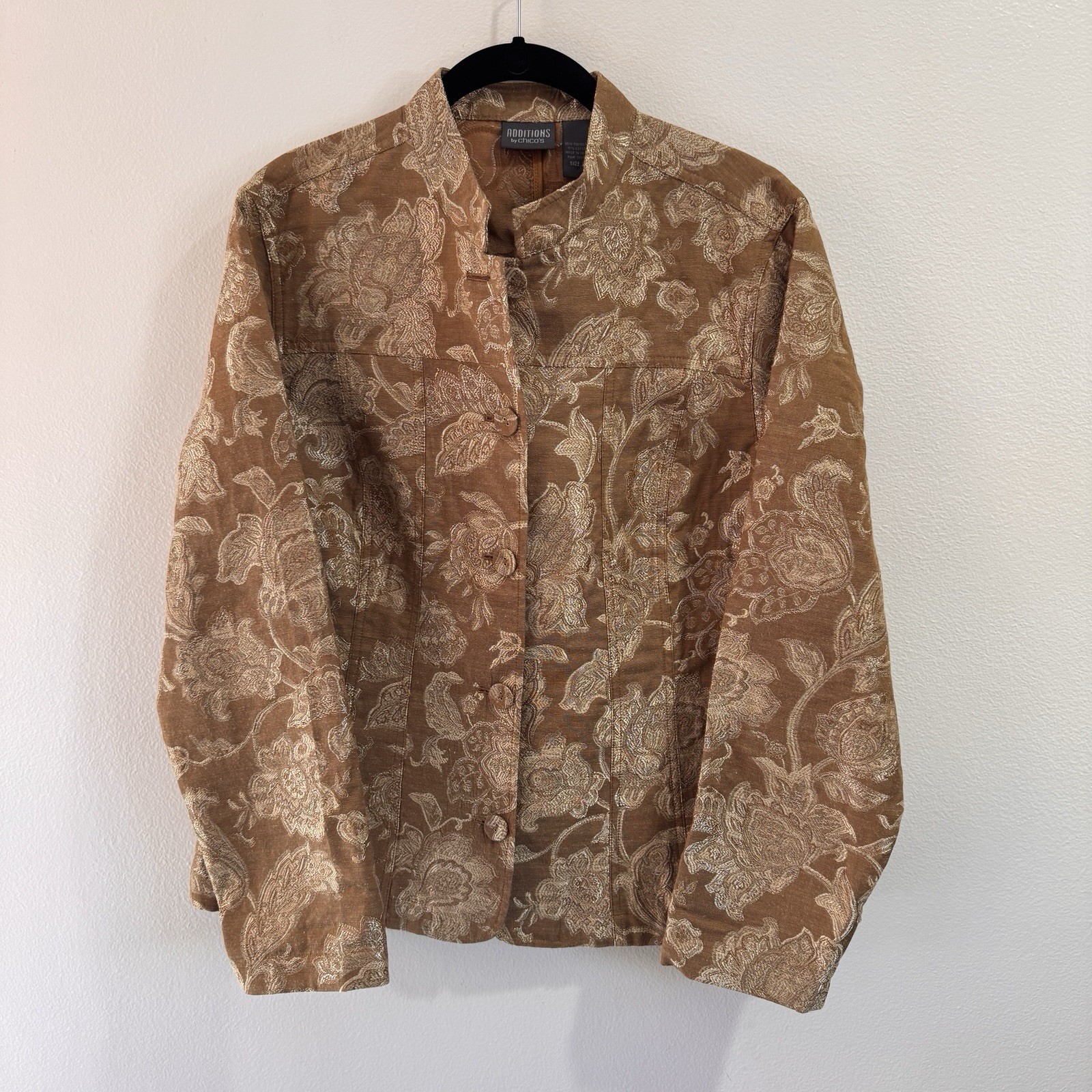 NWT Chico\'s Shirt Jacket Shacket 2 / L Gold Metallic Floral Jacquard Buttons