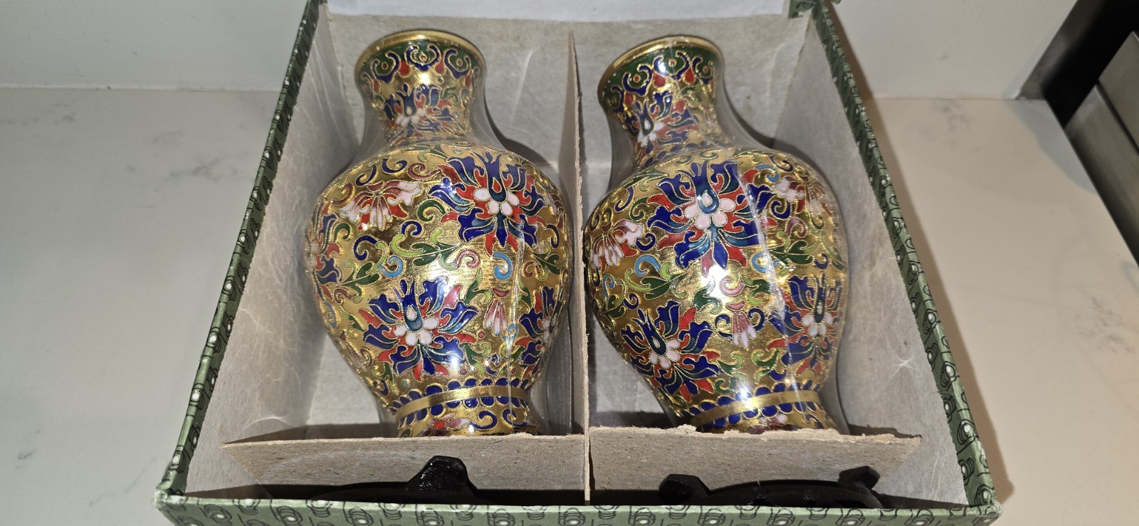 Pair of vintage miniature Chinese cloisonné brass and enamel floral bud vases Pair of vintage miniature Chinese cloisonné brass and enamel floral bud vases