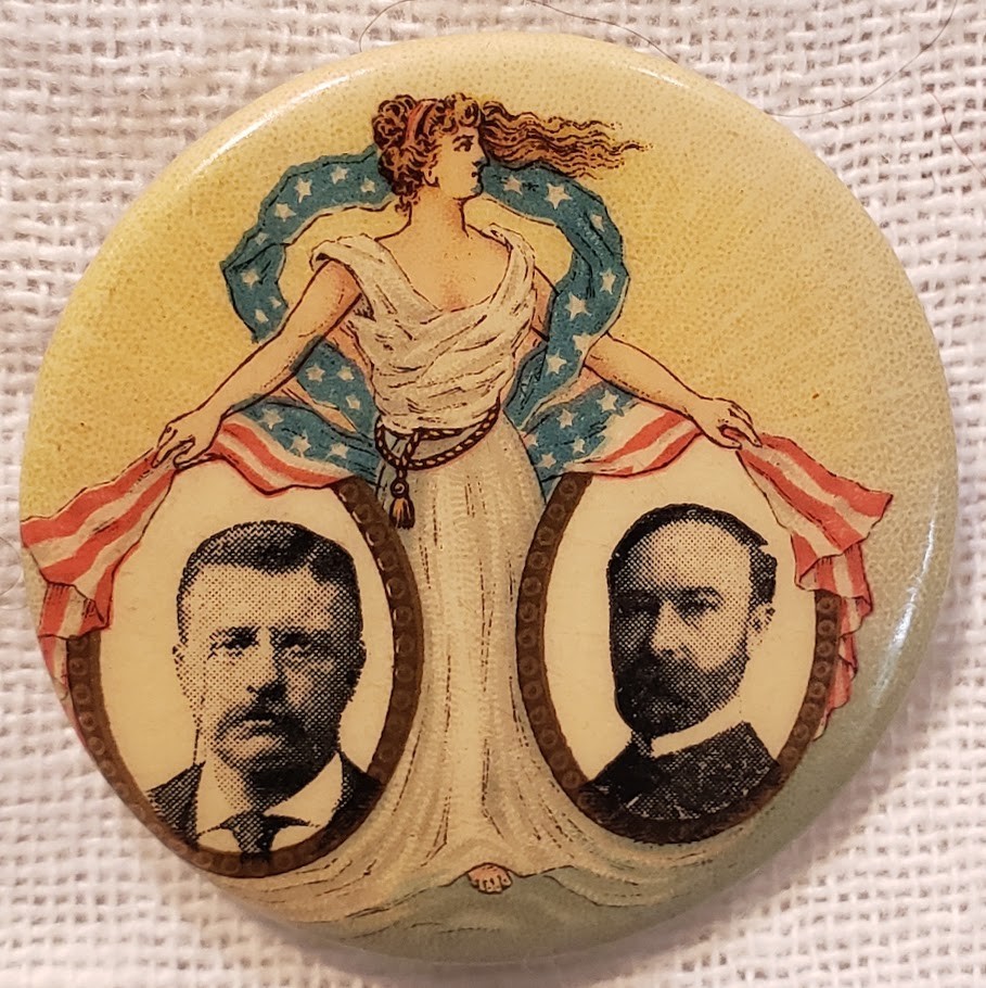 BEAUTIFUL 1904 ROOSEVELT FAIRBANKS JUGATE CELLULOID POLITICAL PIN BACK 1-1/4 BEAUTIFUL 1904 ROOSEVELT FAIRBANKS JUGATE CELLULOID POLITICAL PIN BACK 1-1/4