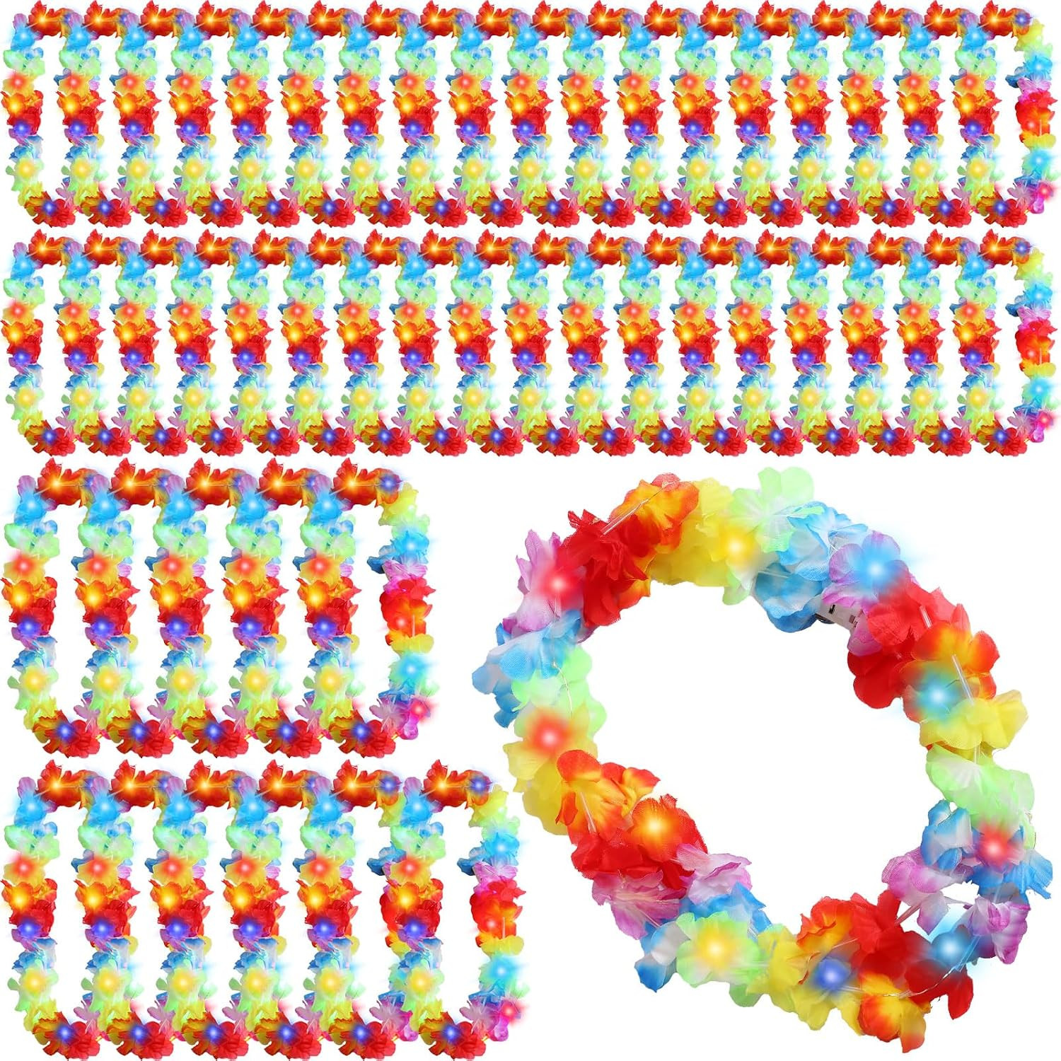 48 Pcs LED Hawaiian Leis Light up Flower Leis Necklace with LED Lights Luau Flow