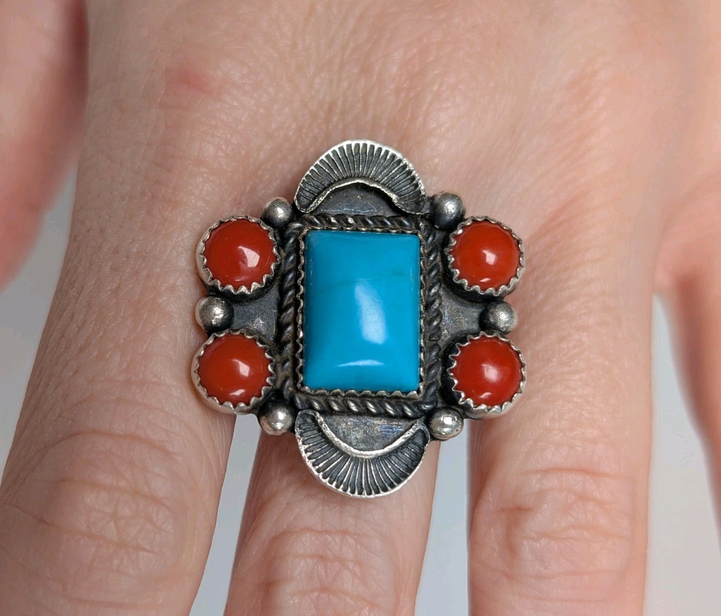 Vtg Navajo Sterling Silver Turquoise Coral Chunky Stamped Ring Signed K Sz 10