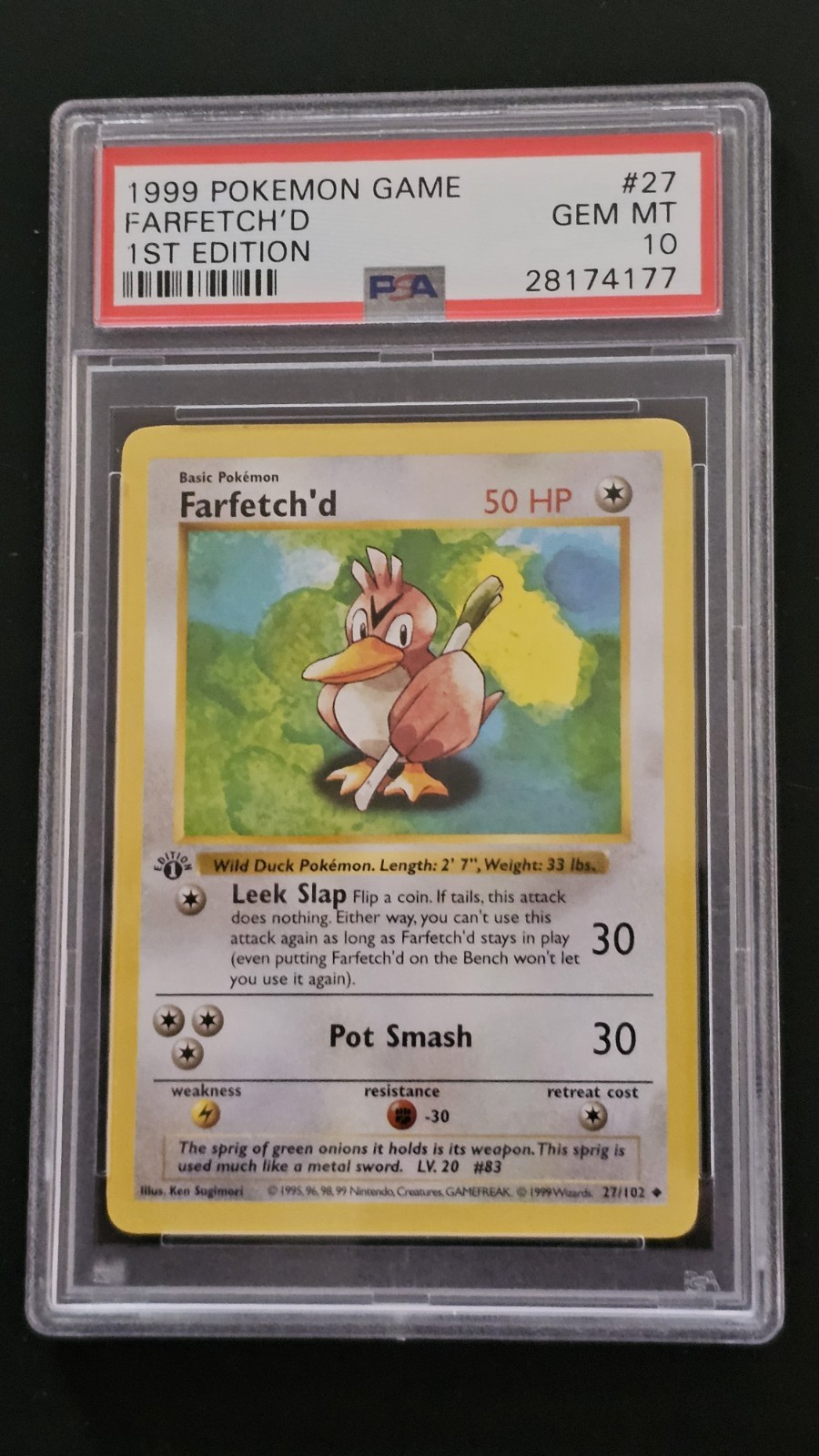 1999 POKEMON BASE SET 1ST EDITION #27 FARFETCH\'D PSA 10 1999 POKEMON BASE SET 1ST EDITION #27 FARFETCH\'D PSA 10