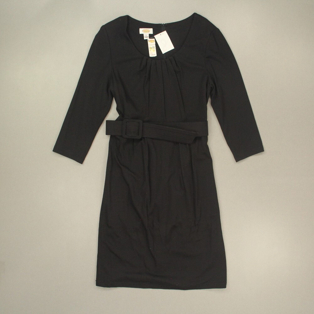 Talbots Women\'s Belted Pleated Dress Size 16 Black Jersey Stretch LBD NOS