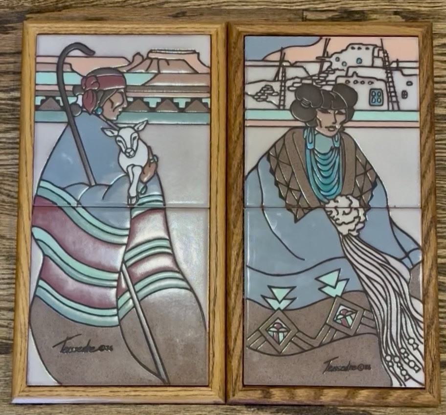 Vintage Cleo Teissedre Southwest Art Tiles Set of Two Native American Style Look