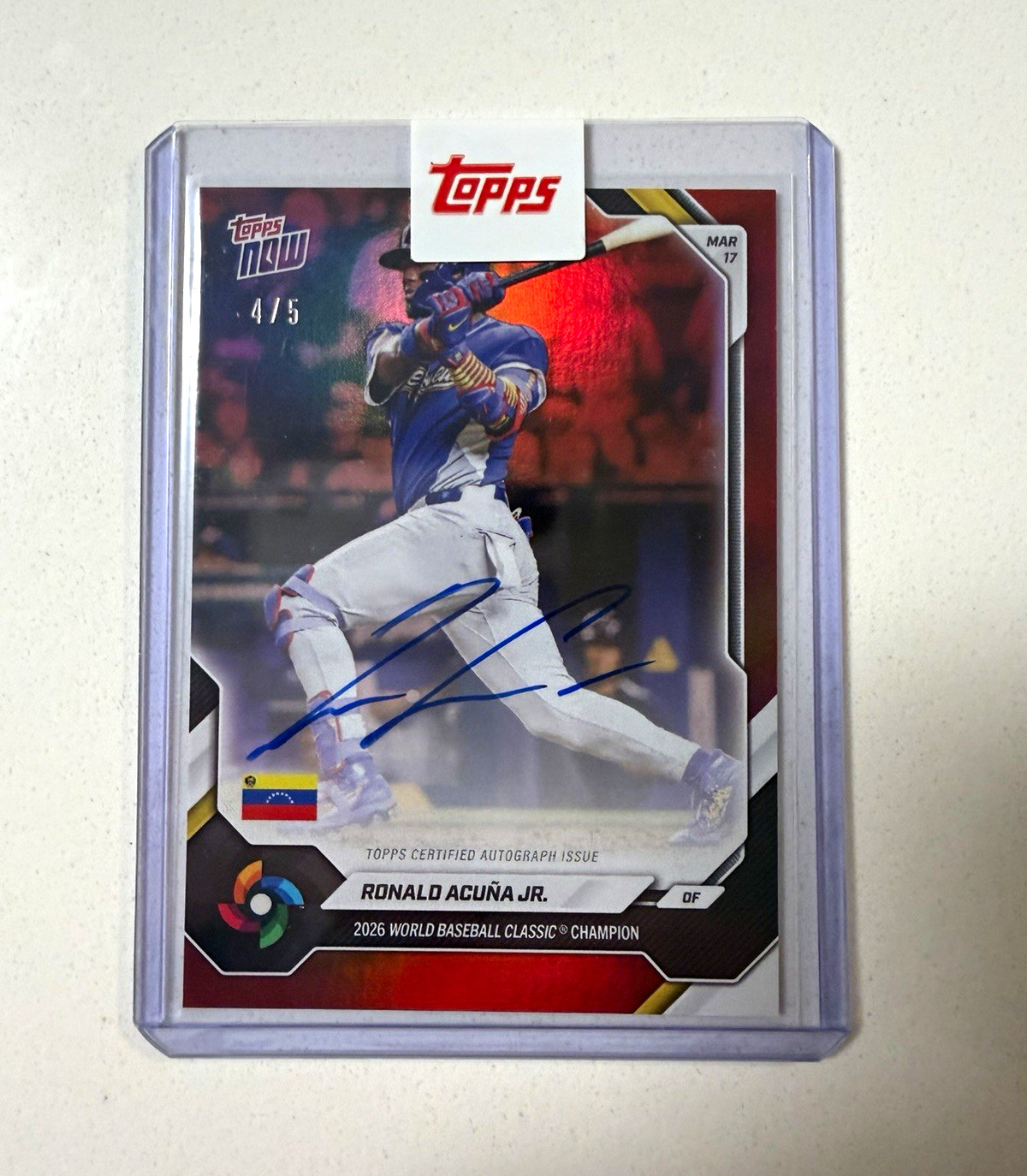 2026 Topps NOW WBC Champions Ronald Acuna Jr #VEC1-A Red Auto /5 Venezuela