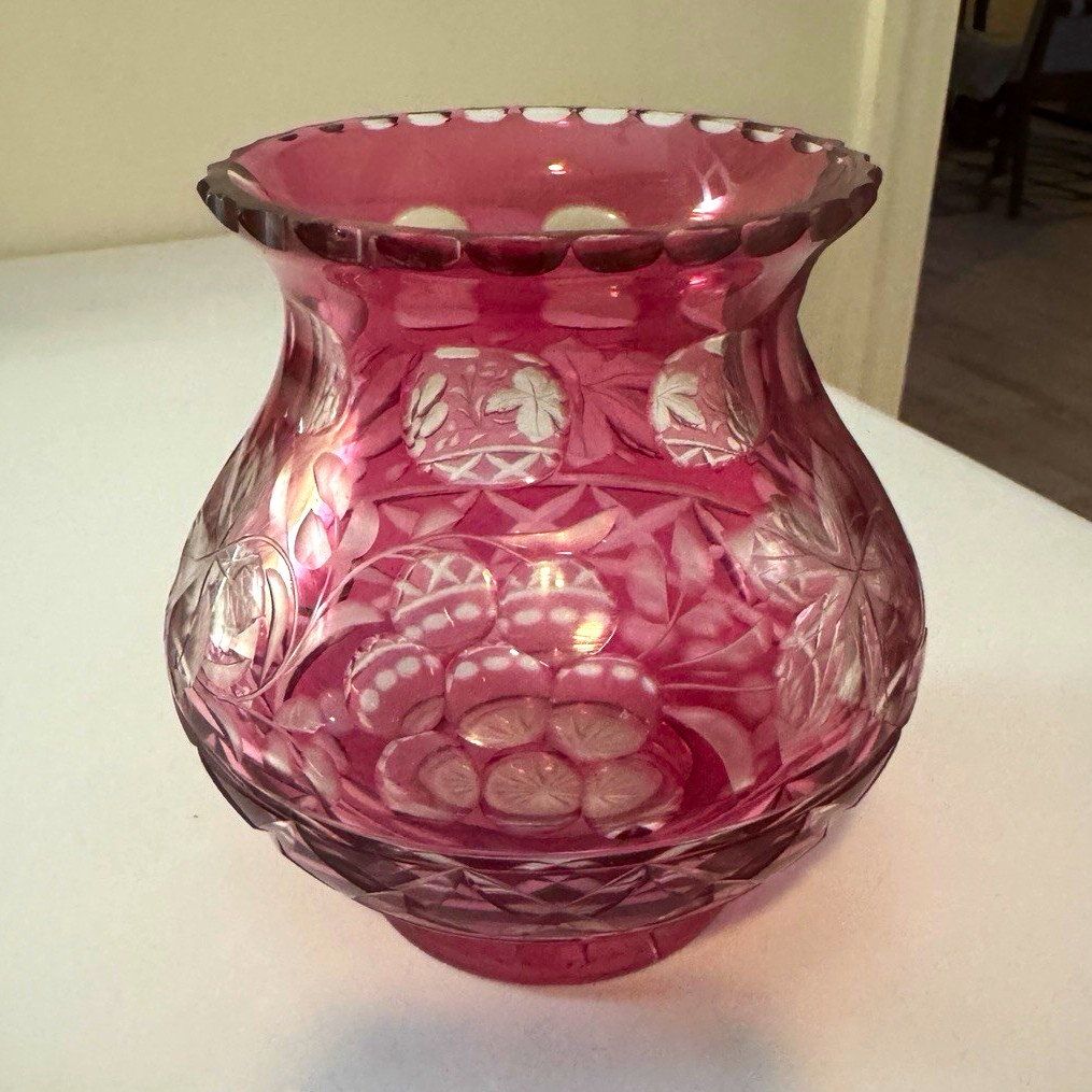 Vintage Bohemian Czech Cranberry Cut to Clear Crystal Vase Rose Bowl 6” Heavy