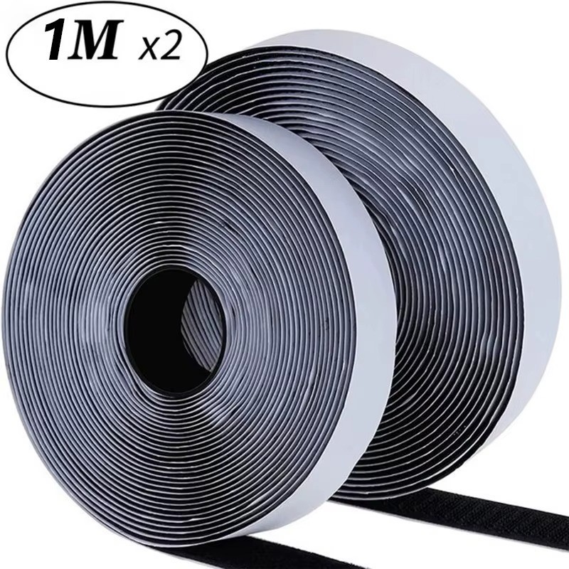 Hook & Loop Strips with Adhesive Heavy Duty Straps Tape with Sticky Back 2PC Blk