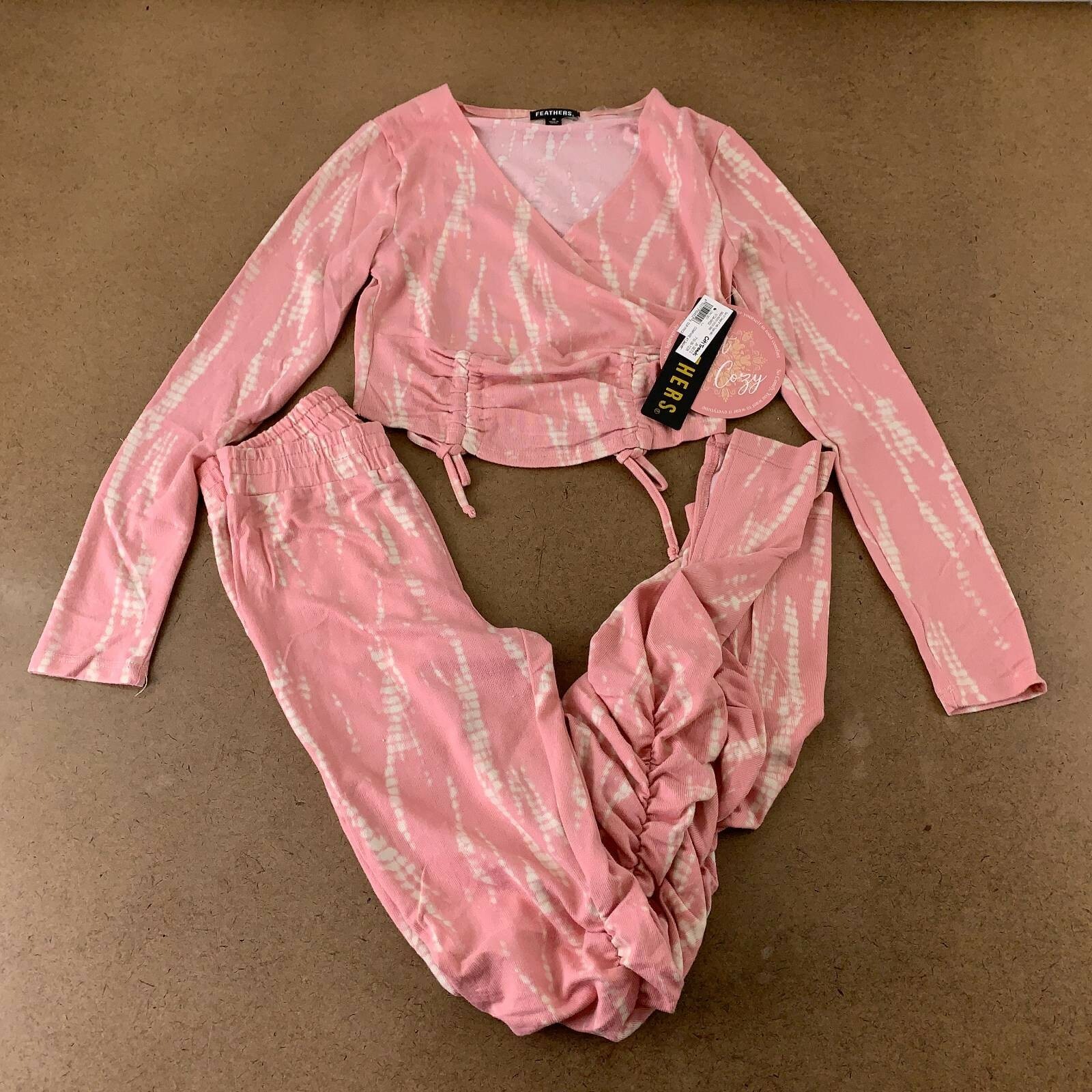 Feathers Womens Top Pants Set Pink White Shibori V Neck Ruched S New
