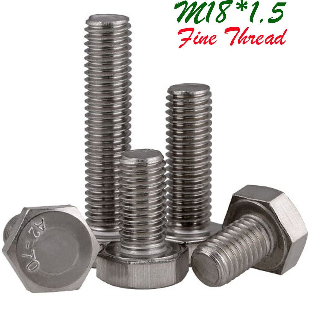 M18 1.5 Fine Thread 304 Stainless Steel Full Thread Hex Head Bolts Screws DIN933