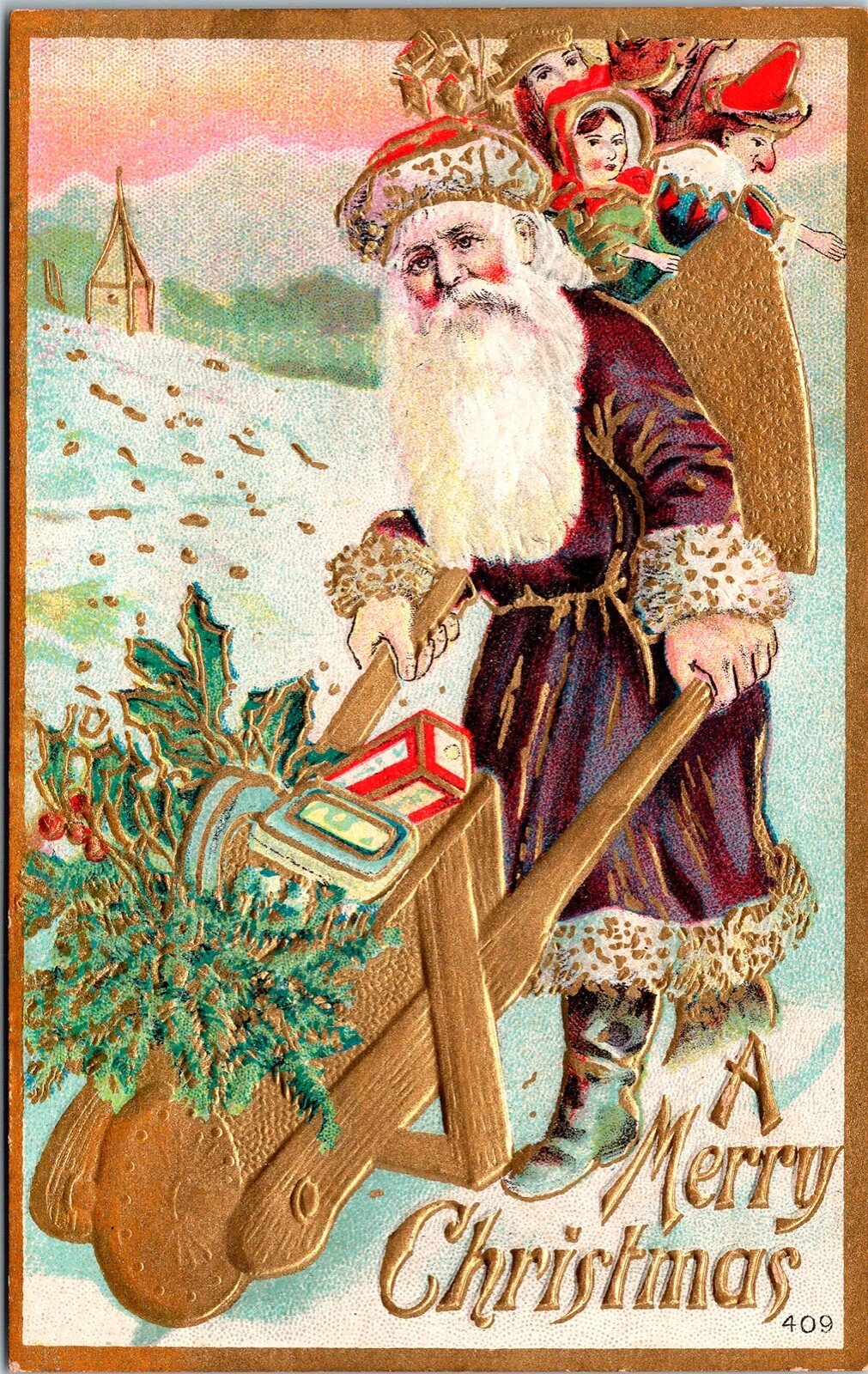 Vintage 1910's Santa In Purple Robe & Wheel Barrow & Toy Bags Christmas Postcard Vintage 1910's Santa In Purple Robe & Wheel Barrow & Toy Bags Christmas Postcard