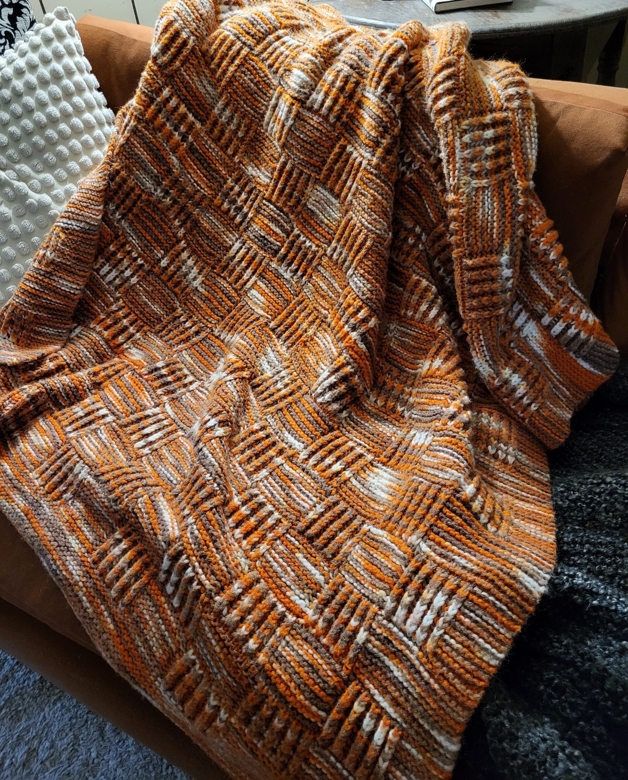 MCM Hand Knitted Afghan Throw Blanket 54”x60” Orange Brown White MCM Hand Knitted Afghan Throw Blanket 54”x60” Orange Brown White
