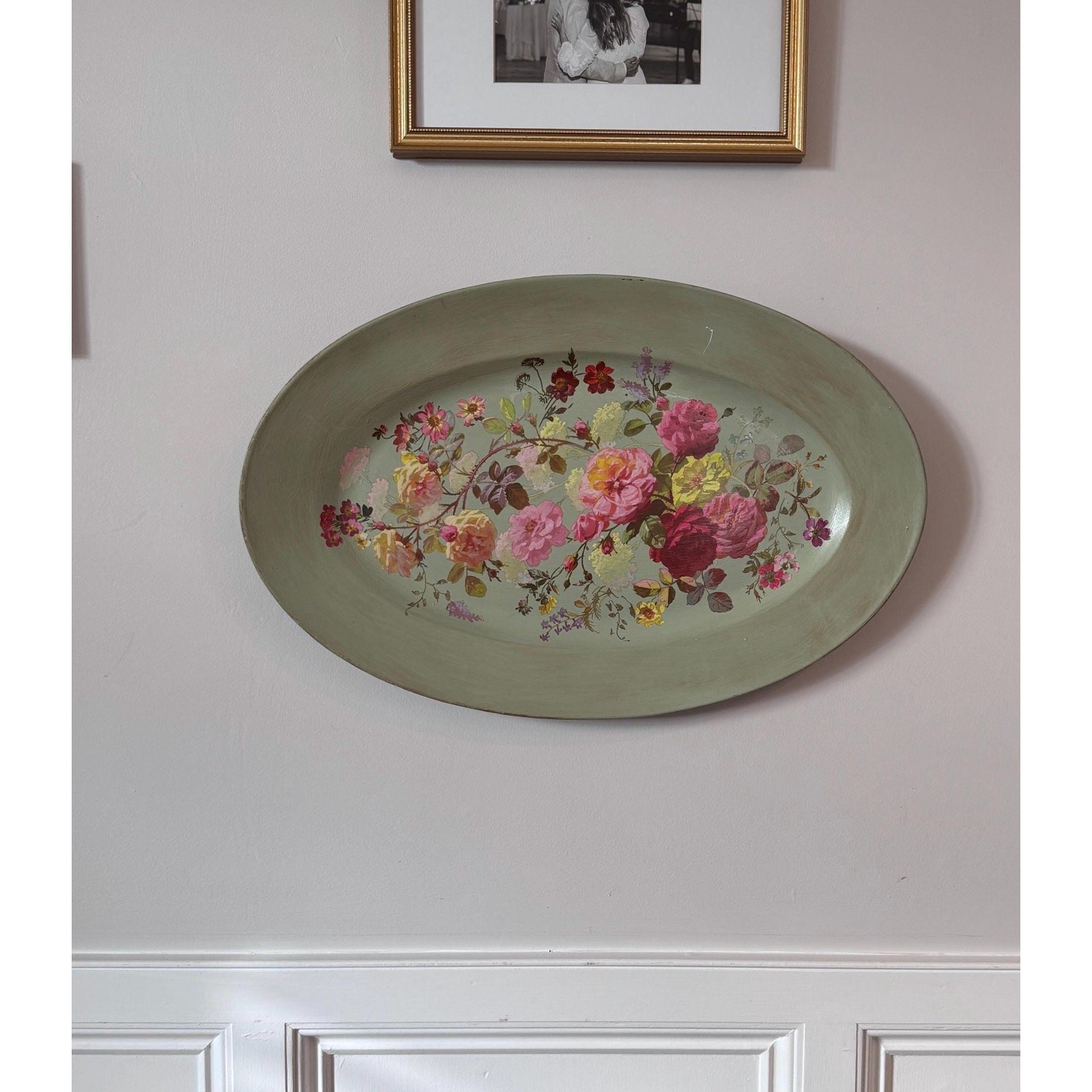 Vintage Himark Hand Painted Floral Tray | 22” Sage Green Rose Wall Decor