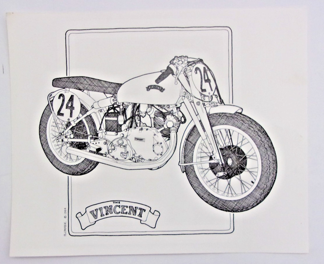 VINTAGE VINCENT RACER PLUMMER @ 1984 PEN & INK DRAWING VINTAGE VINCENT RACER PLUMMER @ 1984 PEN & INK DRAWING