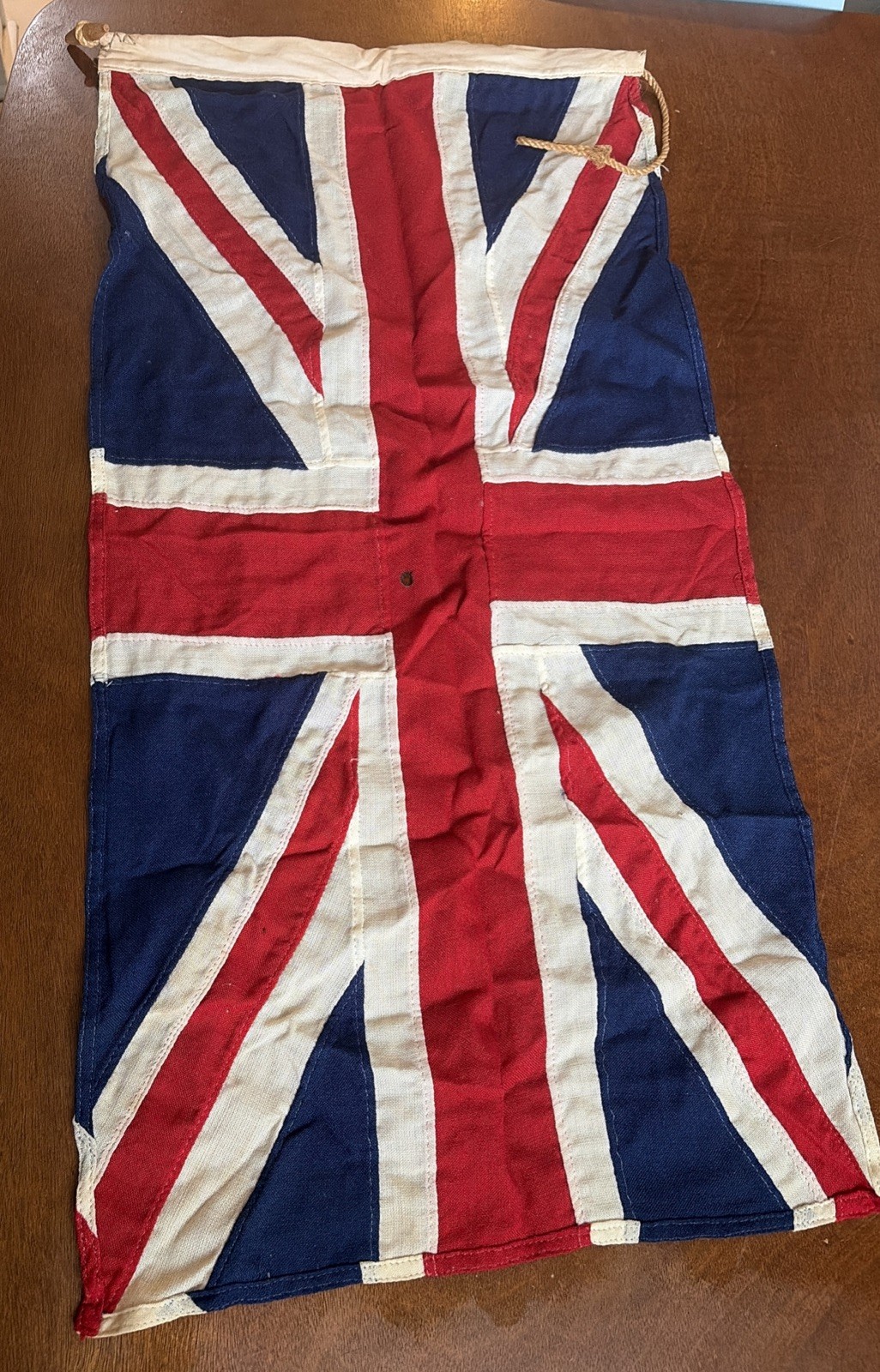 Vintage British Union Jack Flag 36x18 Sewn Cotton Rope Wood Toggle c1930s-1950s
