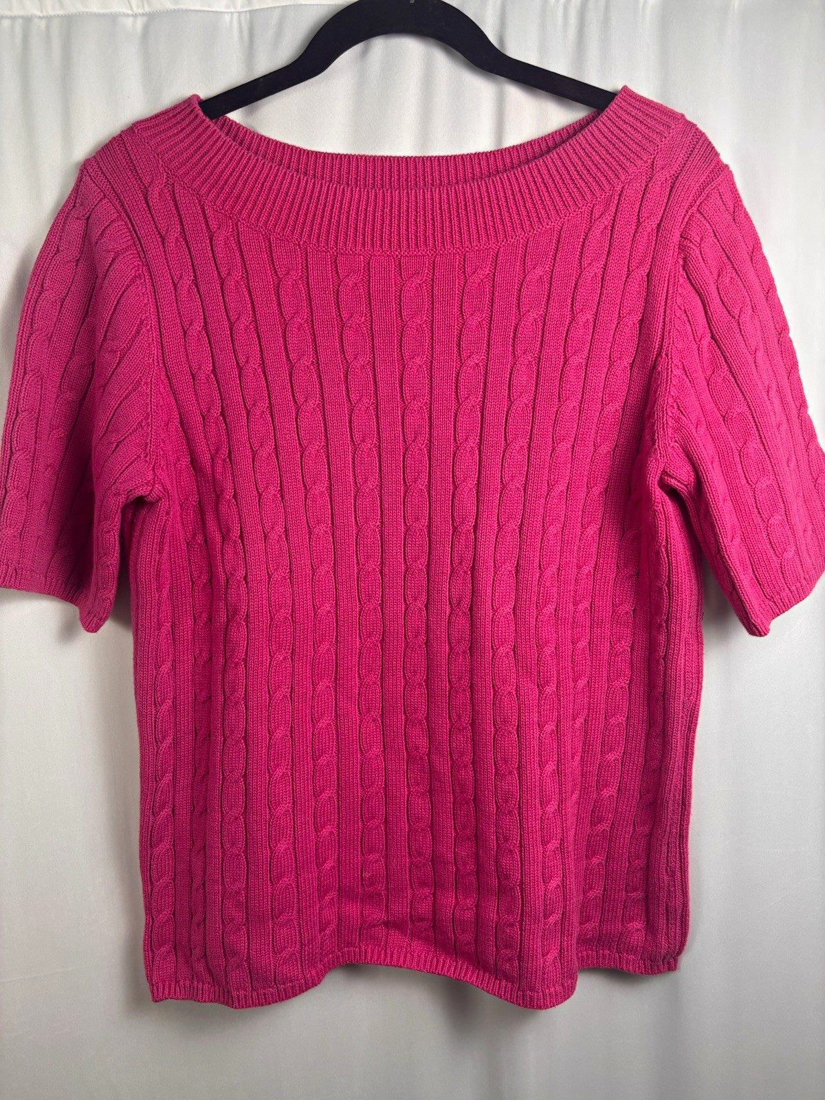 Talbots Petites Women\'s PL Pink Cable-Knit Boat Neck Short Sleeve Pullover
