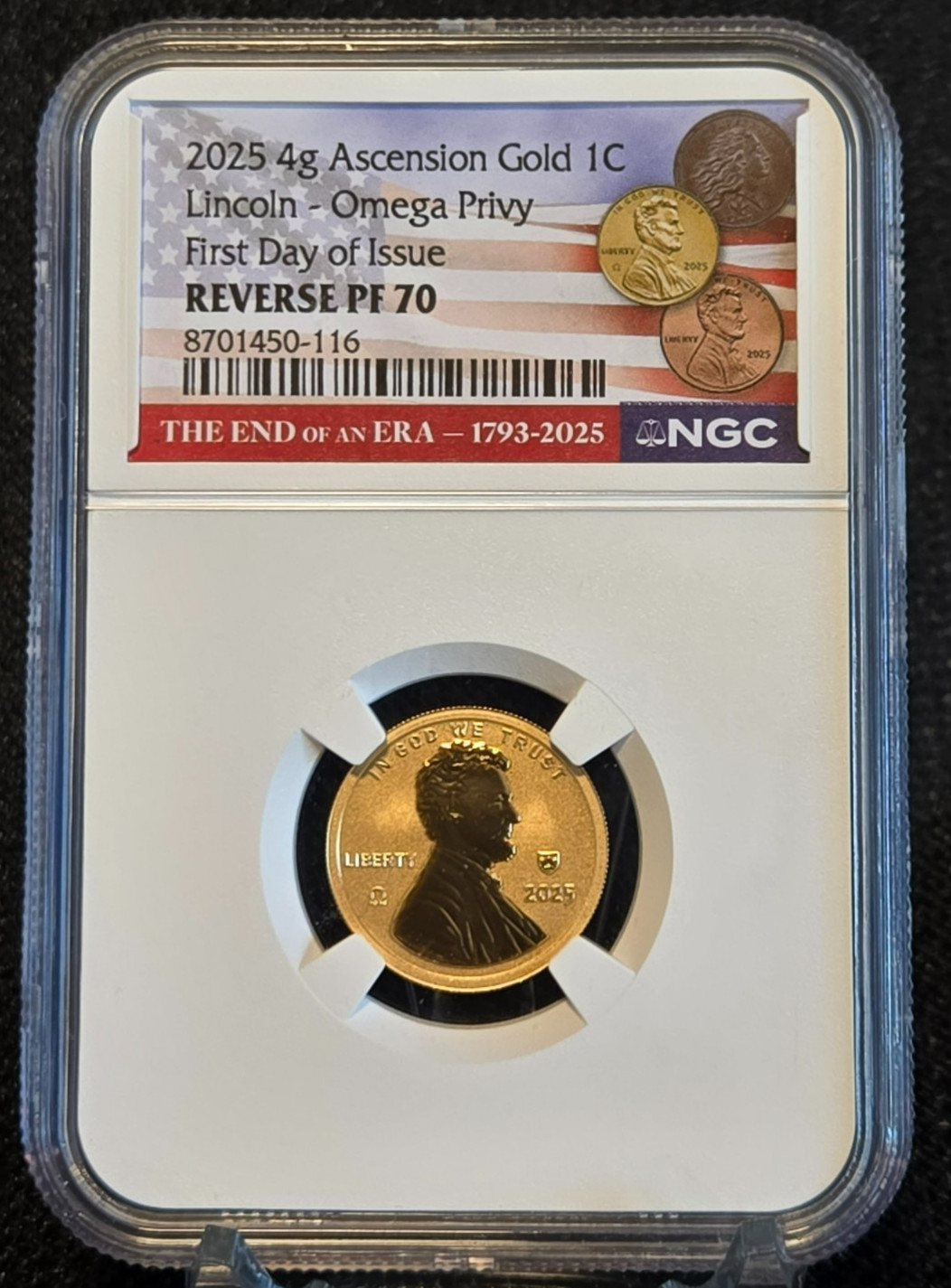 2025 4g Ascension Lincoln - Omega Privy First Day of Issue Gold 1C Rev PF 70 2025 4g Ascension Lincoln - Omega Privy First Day of Issue Gold 1C Rev PF 70