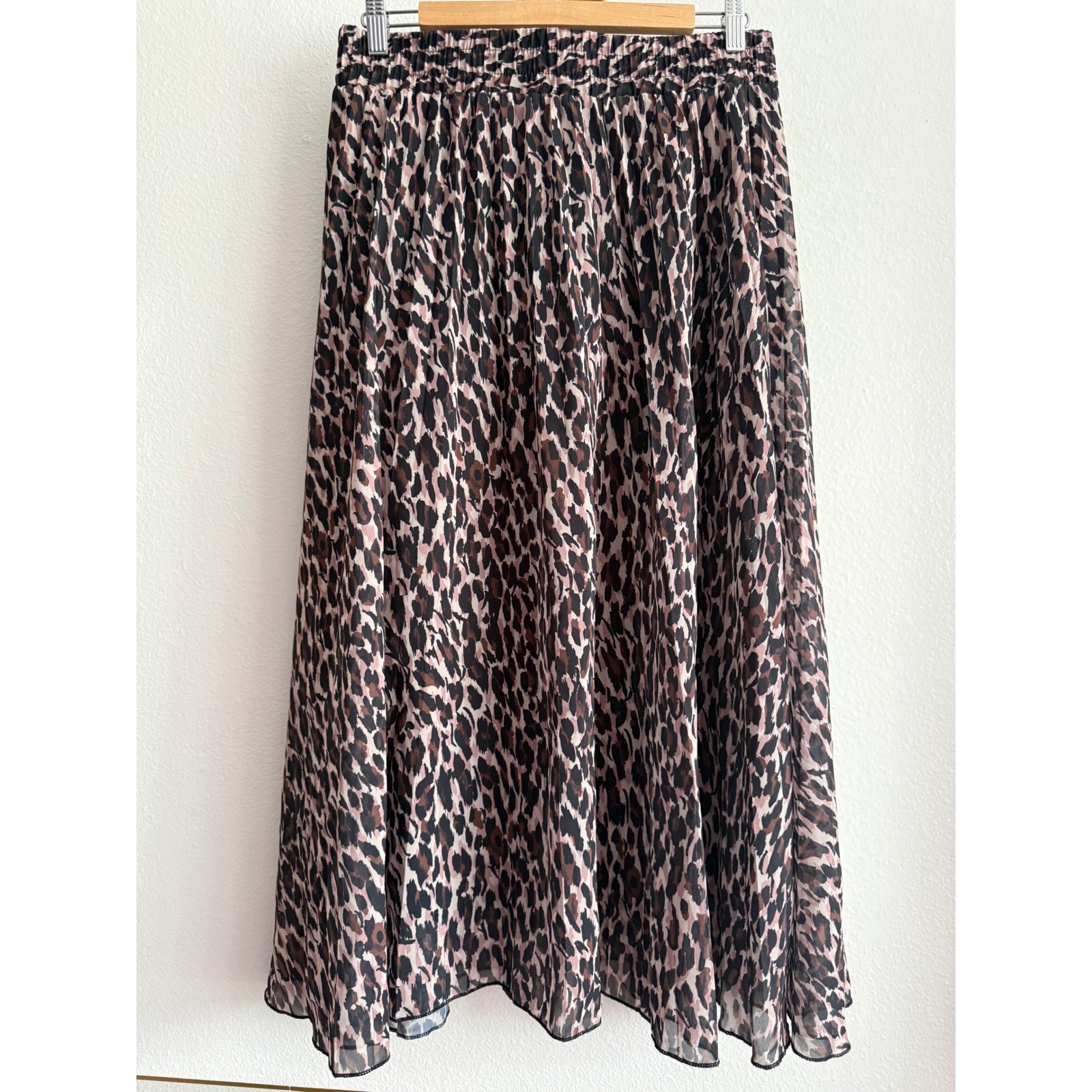 Metrowear Leopard Print Pleated Midi Skirt Brown Pink Black Elastic Waist Large Metrowear Leopard Print Pleated Midi Skirt Brown Pink Black Elastic Waist Large