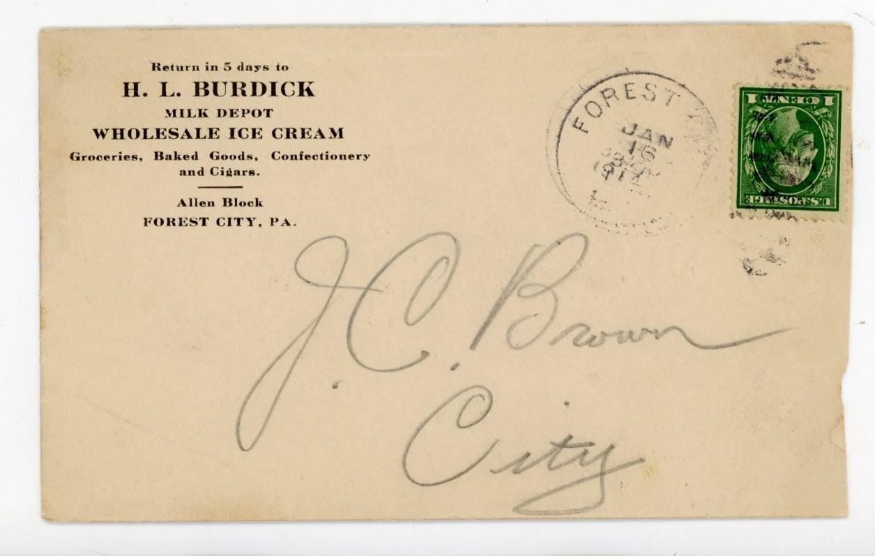 1914 Forest City PA Cover H L Burdick Milk Depot Ice Cream Confectionery Advert 1914 Forest City PA Cover H L Burdick Milk Depot Ice Cream Confectionery Advert