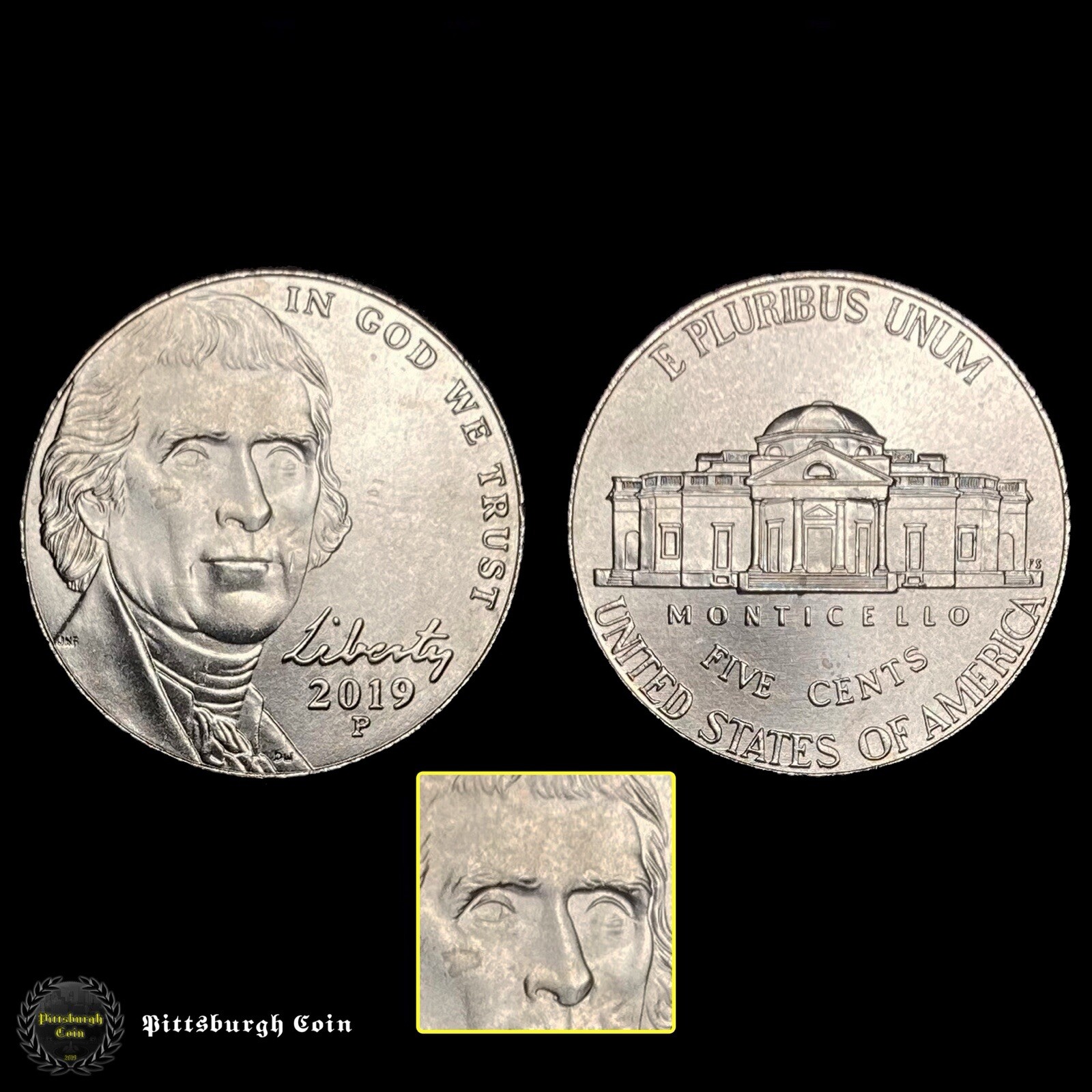 2019-P 5C Jefferson Nickel No Eyes Missing Eyes  Over Polished Die Mint Error