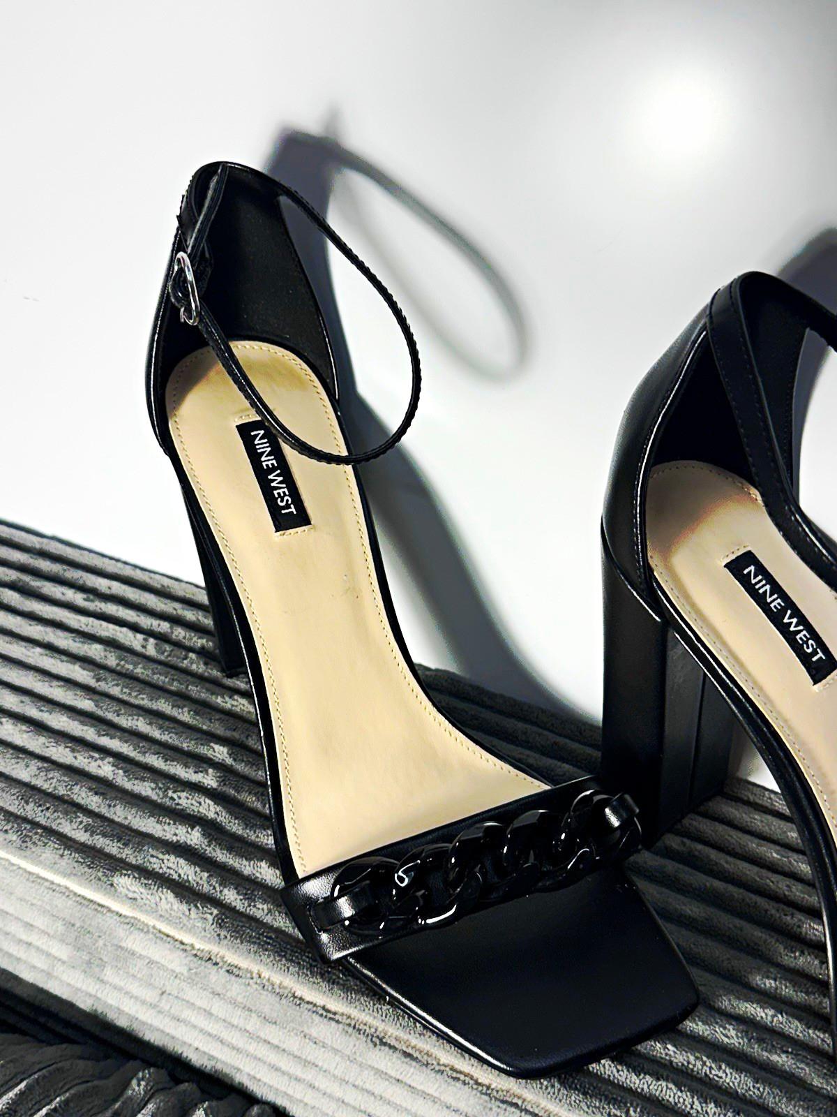 Nine West Women’s Black Ankle Strap Block Heel Chain Square Toe Synthetic 10