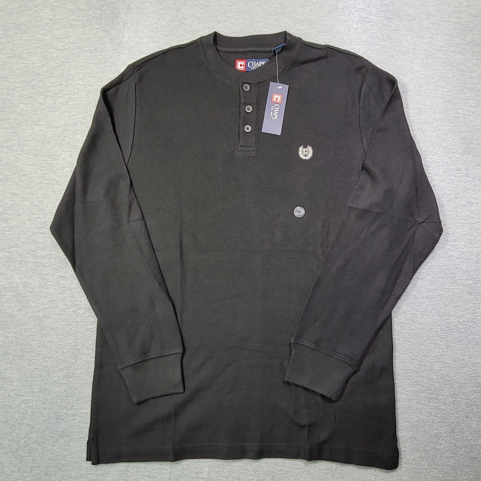 Chaps Shirt Mens Medium Black Henley Crest Long Sleeve Casual Preppy NWT Chaps Shirt Mens Medium Black Henley Crest Long Sleeve Casual Preppy NWT