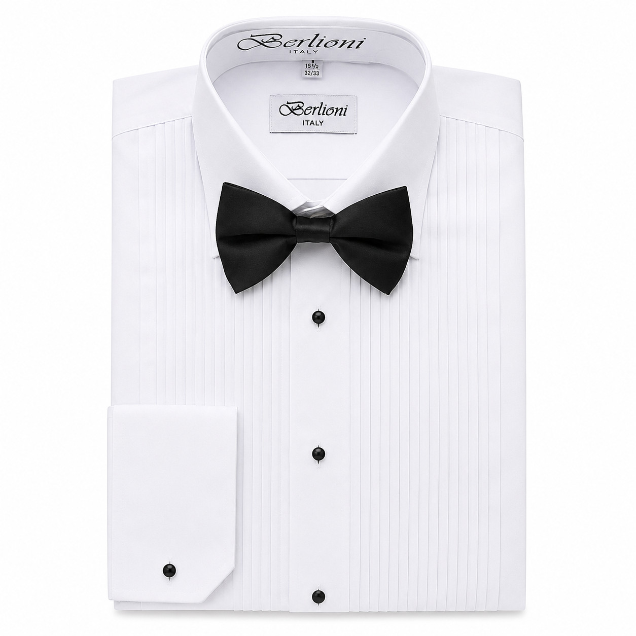 Berlioni Italy Men's White Dress Shirt Tuxedo Formal Laydown Collar + Bow Tie