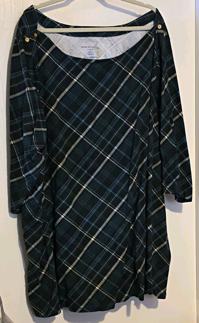 Jessica London 34/36 Plus Green/Black Plaid  3/4 Sleeve Tunic