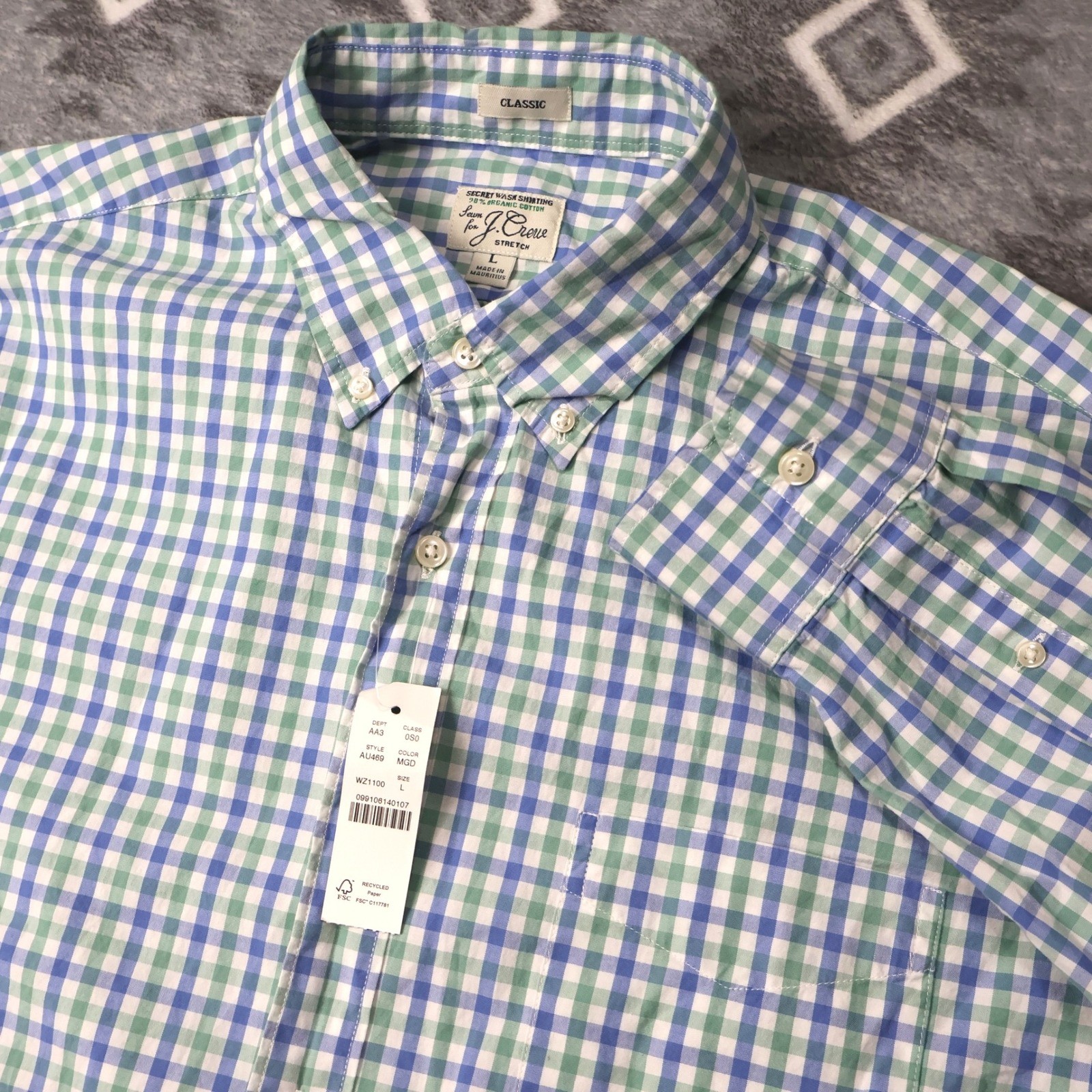 J.Crew Mens Secret Wash Gingham Stretch Shirt AU469 Green Blue Large Classic Fit J.Crew Mens Secret Wash Gingham Stretch Shirt AU469 Green Blue Large Classic Fit
