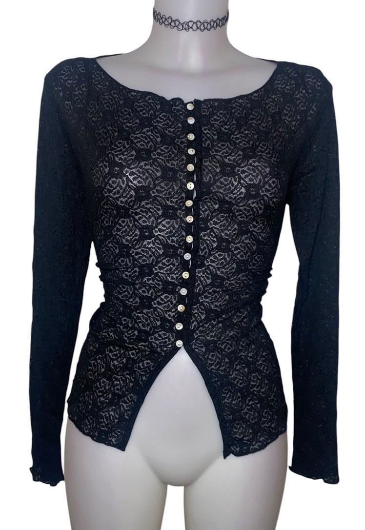 Y2k 90s Womens Victorian Black Button Lace Sheer Whimsigoth Vampy Top Sz S/M Y2k 90s Womens Victorian Black Button Lace Sheer Whimsigoth Vampy Top Sz S/M