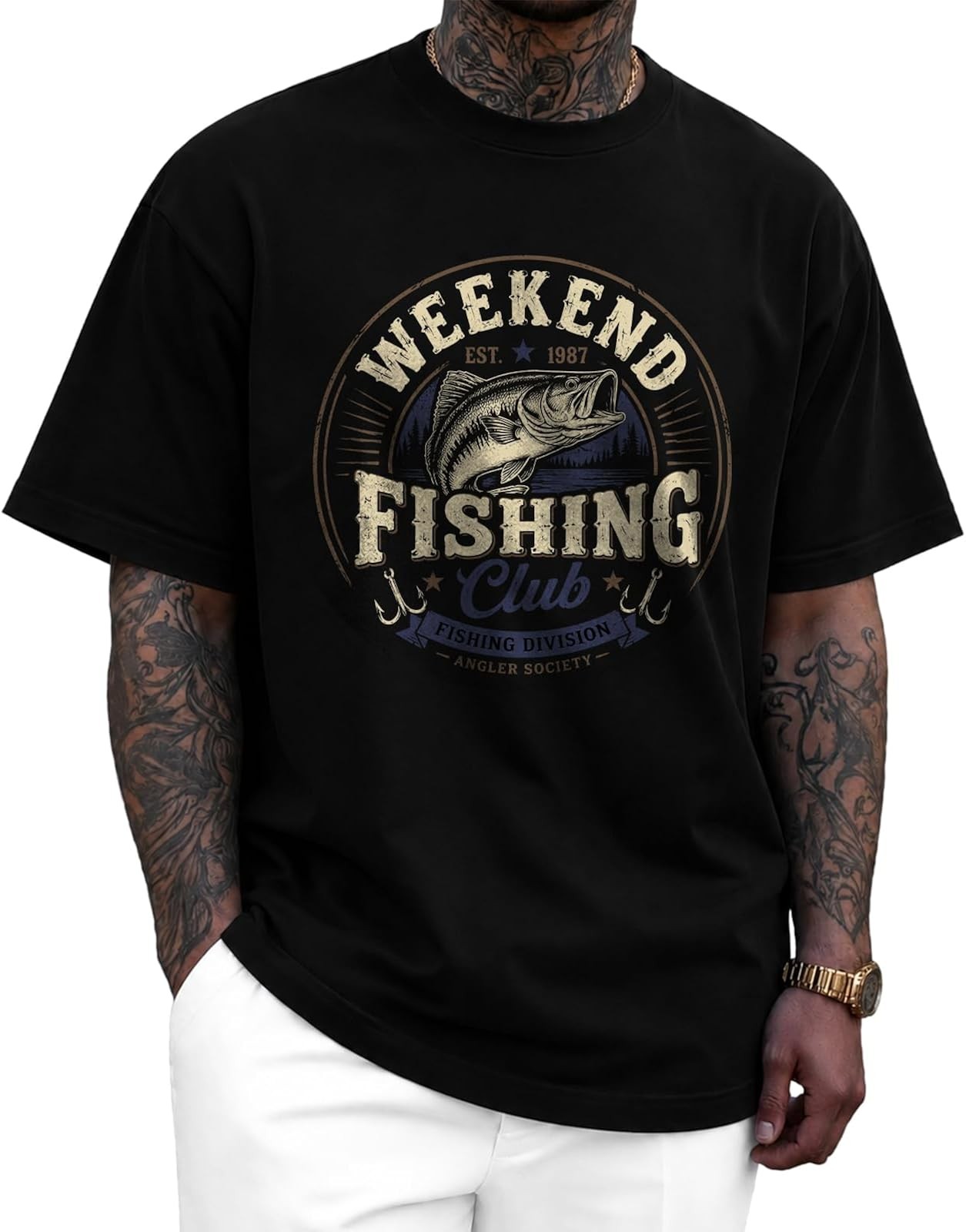Men\'s Vintage Fishing Graphic Tee - 100% Cotton Crewneck Short Sleeve Shirt