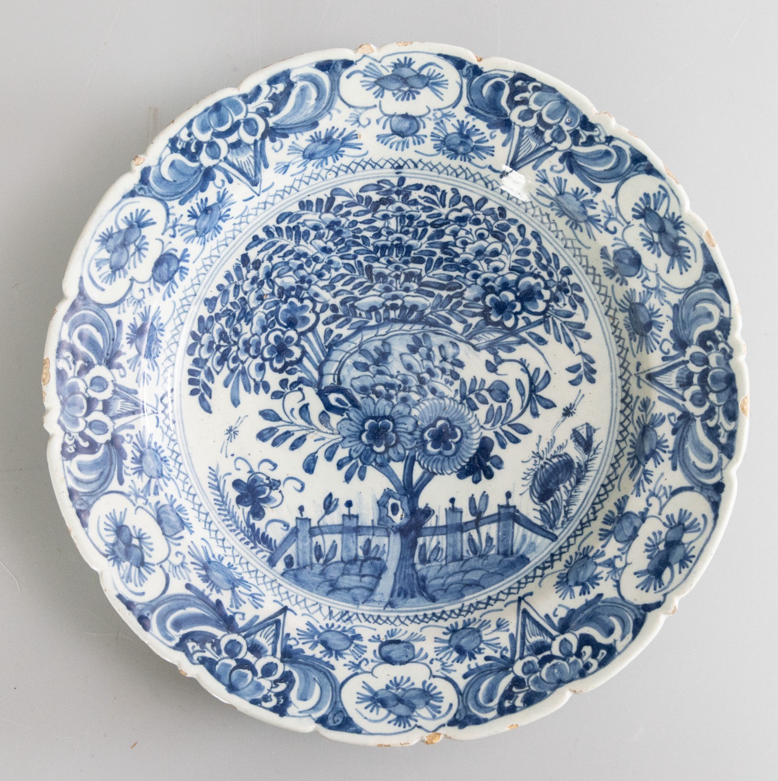 Antique 18th Century Dutch Delft Faience Tea Tree Scalloped Charger