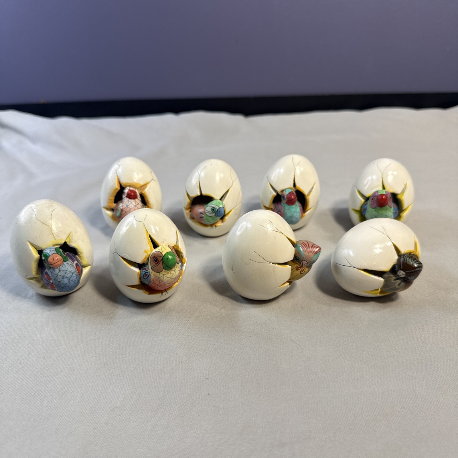 Lot of 8 Vintage Tonala Mexico Hatching Bird Eggs Folk Art Pottery Signed